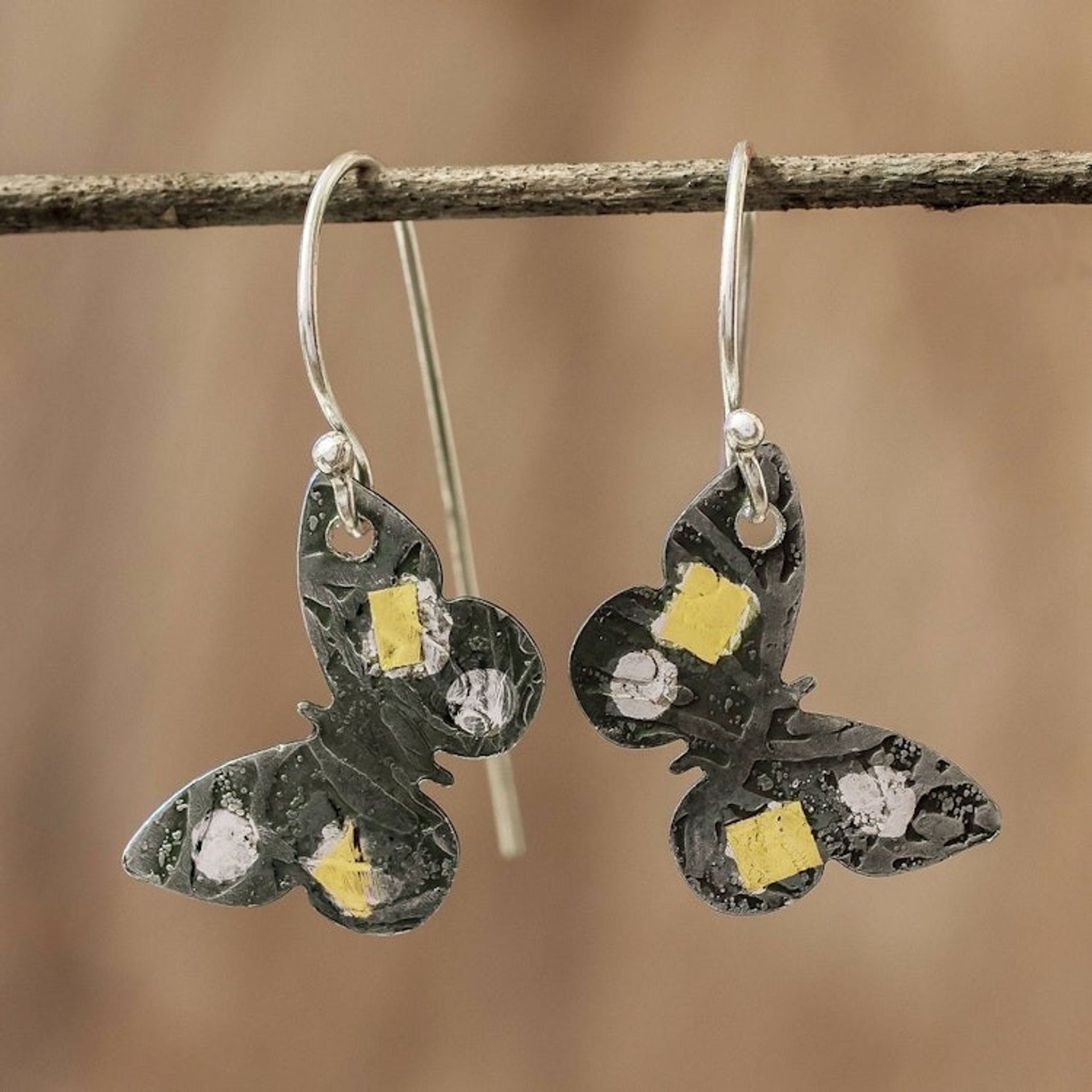 24k Gold Accent Dark Sterling Silver Butterfly Earrings 'Midnight Butterfly'