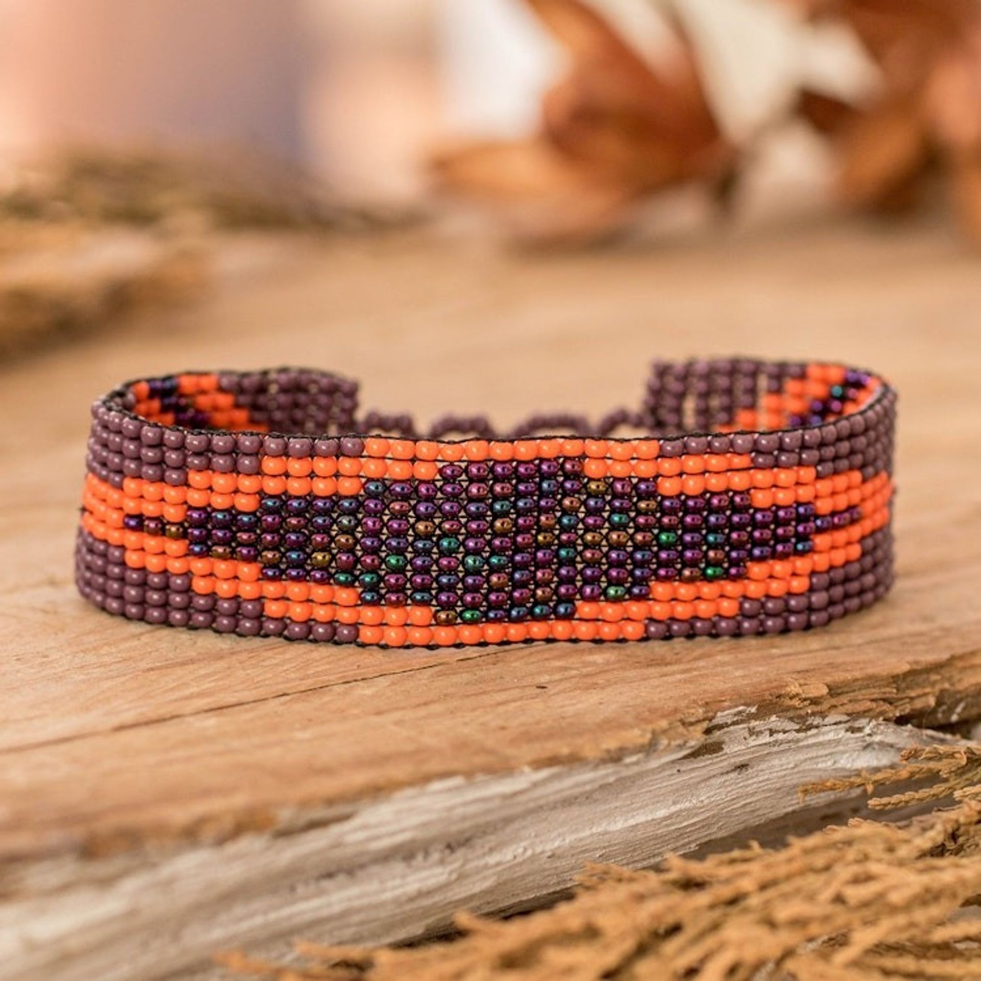 Guatemalan Purple and Orange Glass Beaded Wristband Bracelet 'Stylish Harmony'