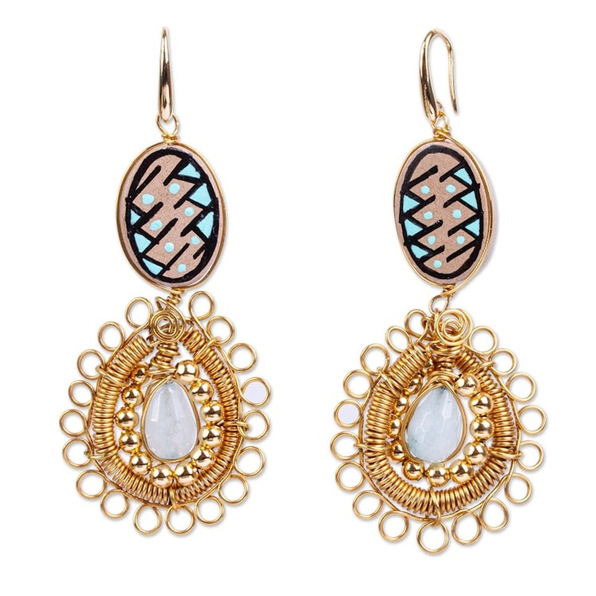 Handmade Gold Plated Earrings 'Mixed Media in Aqua'