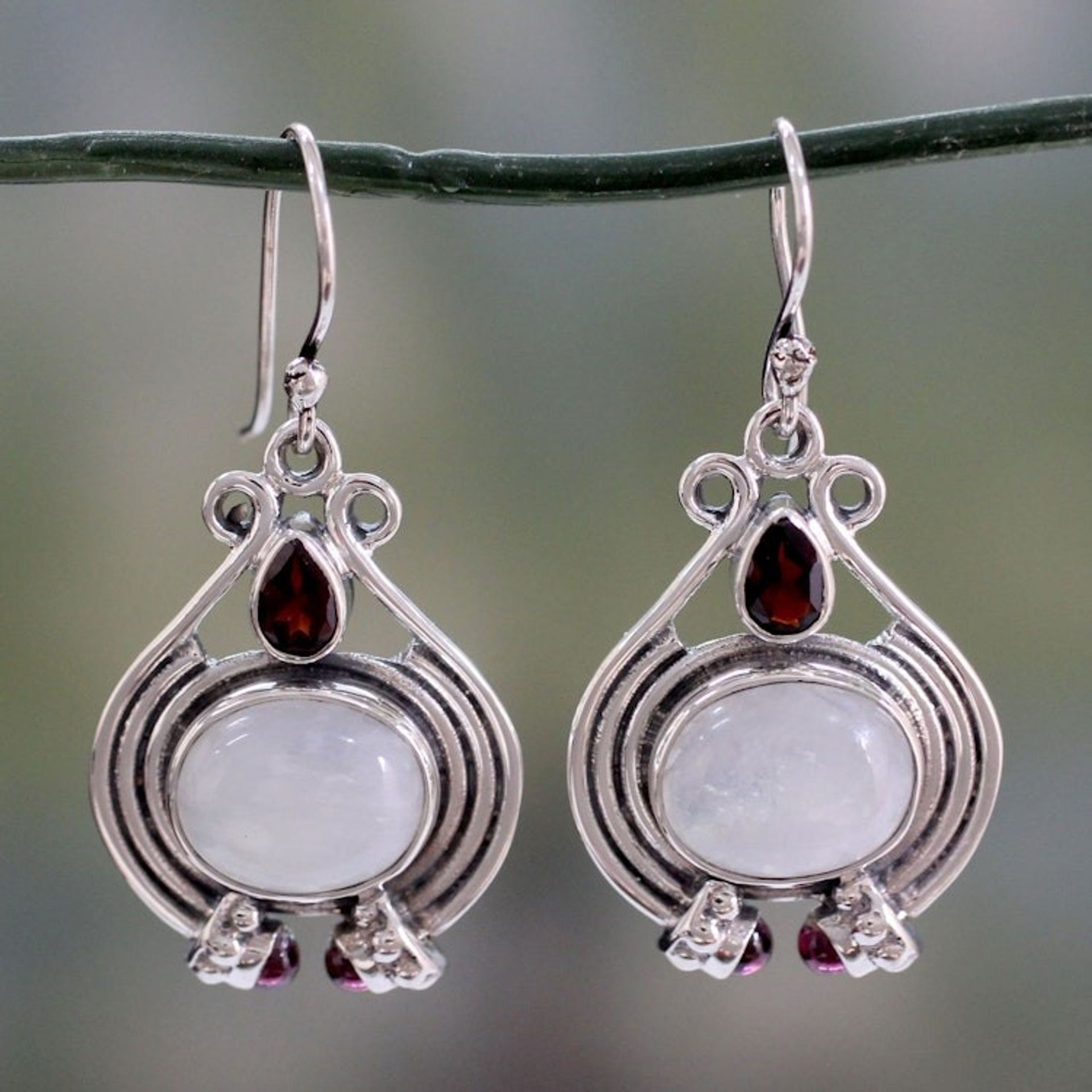 Handmade Rainbow Moonstone and Garnet Earrings 'Mysterious Mist'
