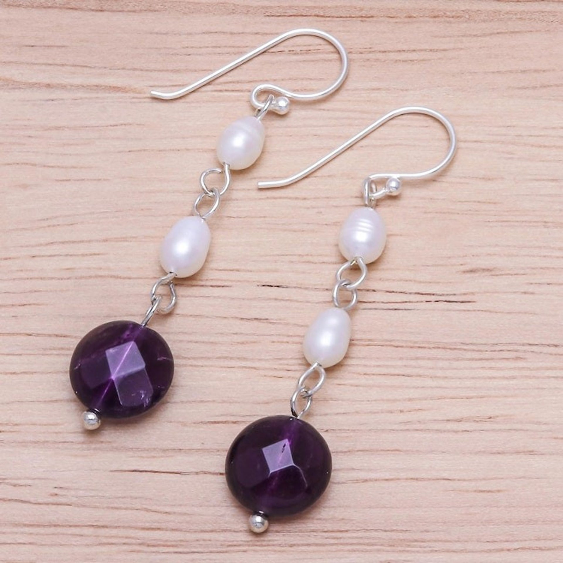 Handmade Amethyst and Cultured Pearl Dangle Earrings 'Purple Night'
