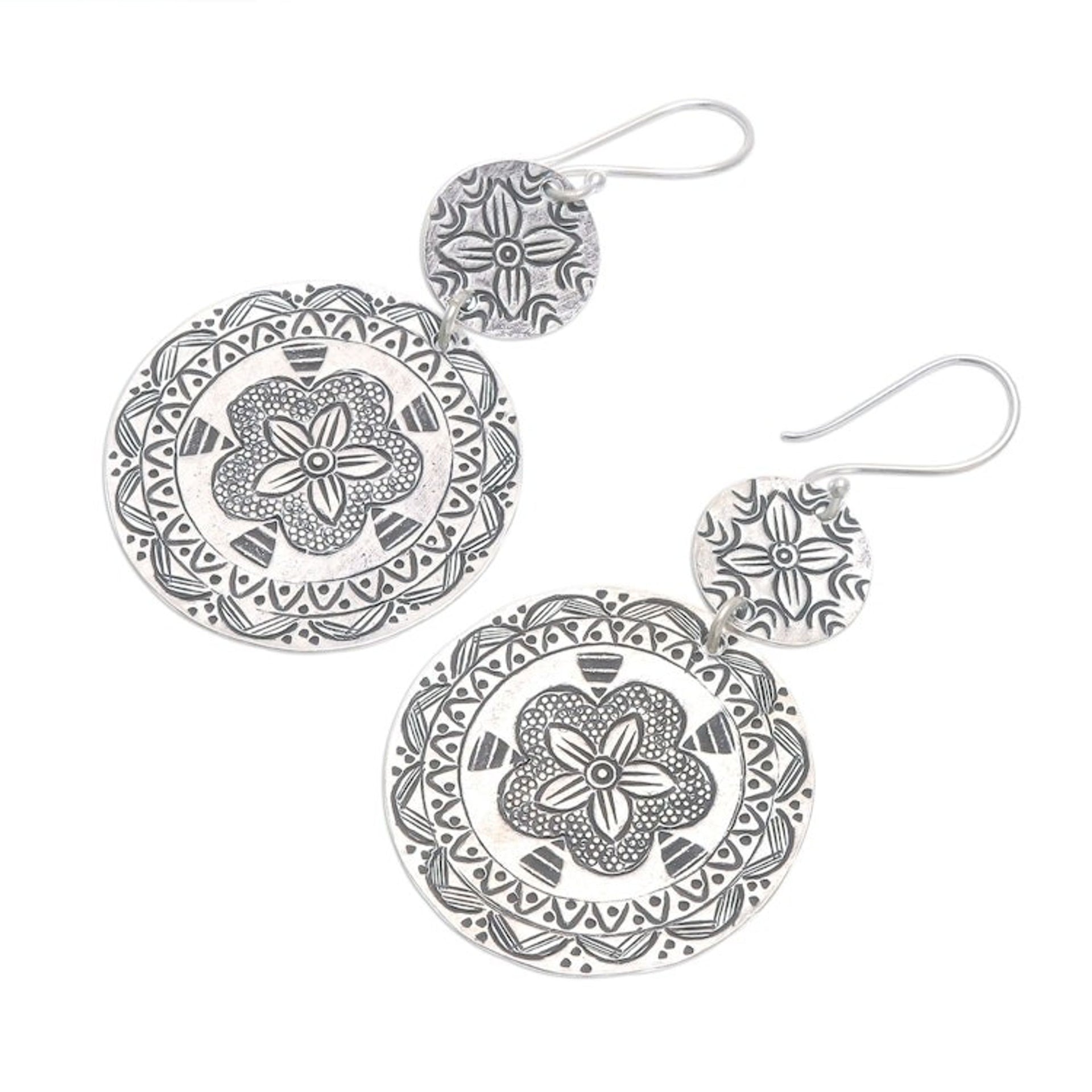 Handmade Silver Floral Dangle Earrings 'Fancy Flower'