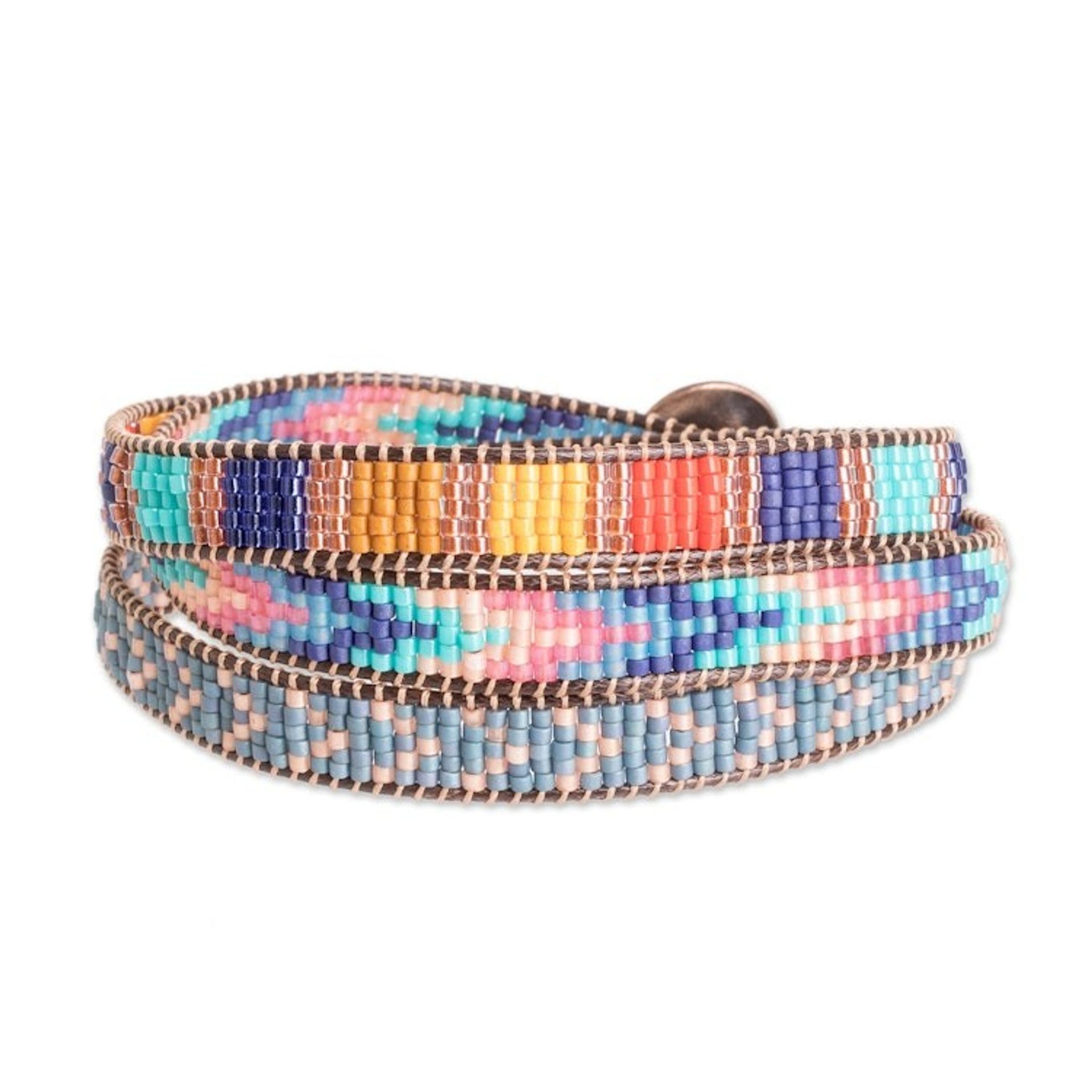 Multicolor Glass Beaded Wrap Bracelet with Geometric Motifs 'Streets of Antigua'