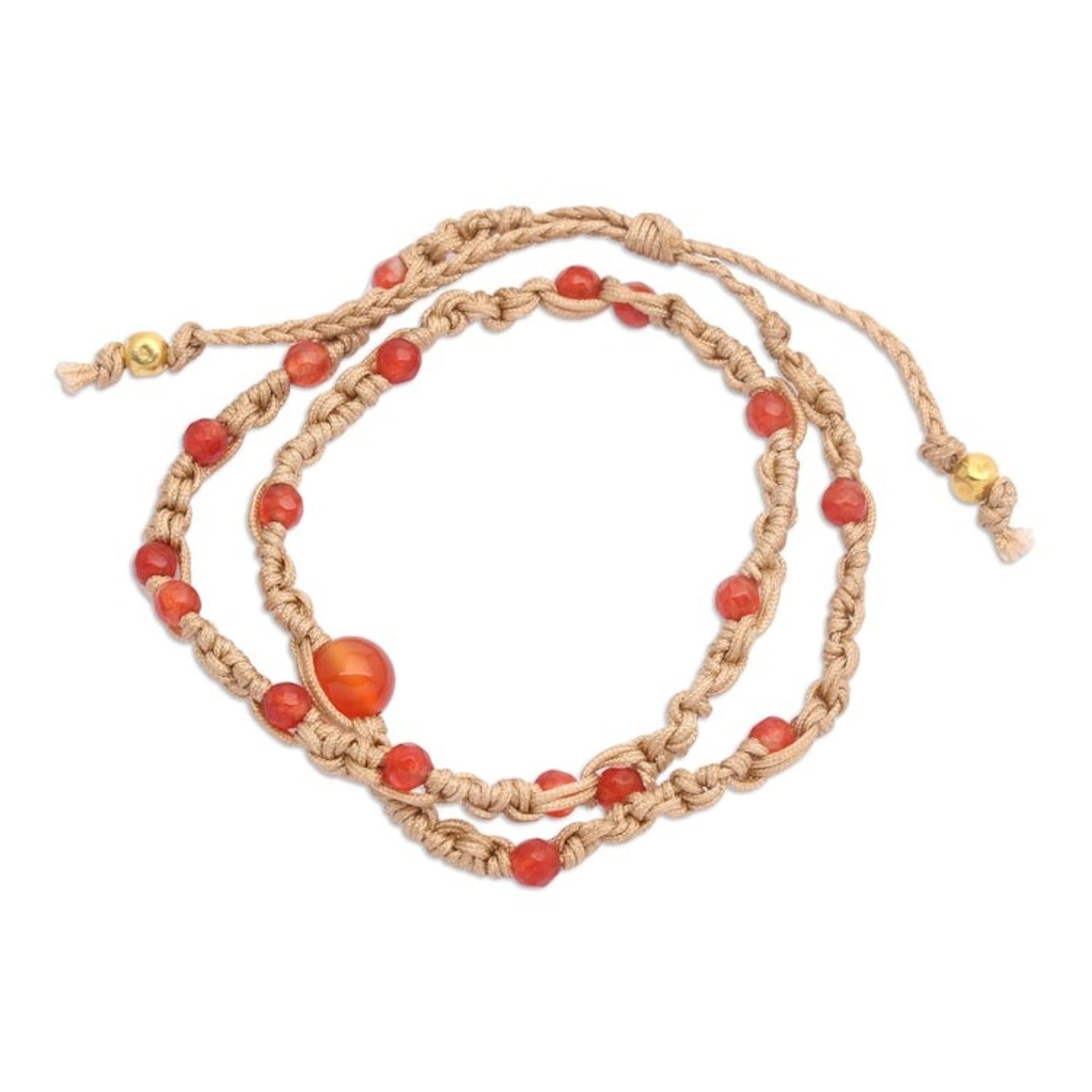 Carnelian Beaded Macrame Wrap Bracelet from Bali 'Pure Flames'