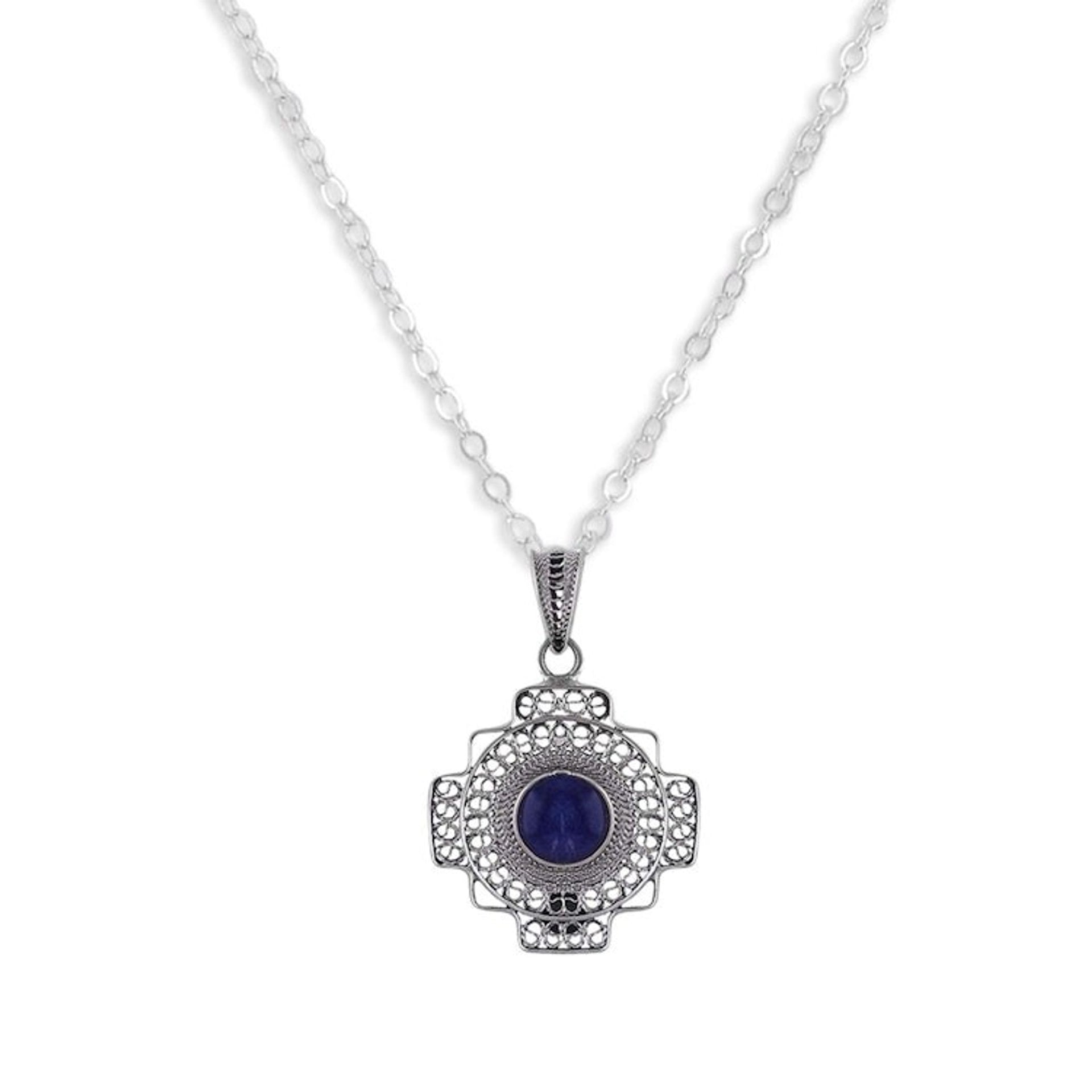 Sodalite Chakana Cross Filigree Pendant Necklace from Peru 'Blue Mountain Chakana'