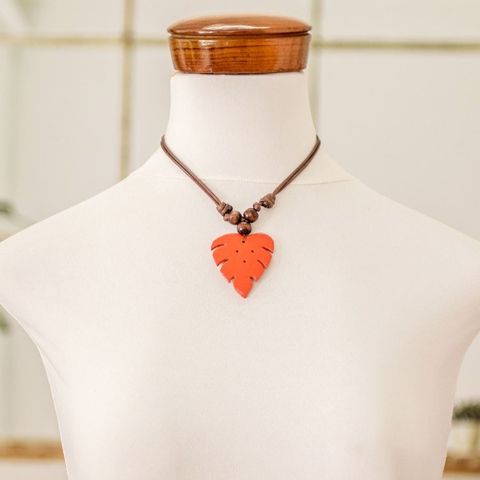 Leafy Red Calabash Gourd Pendant Necklace with Wood Beads 'Jungle Red'