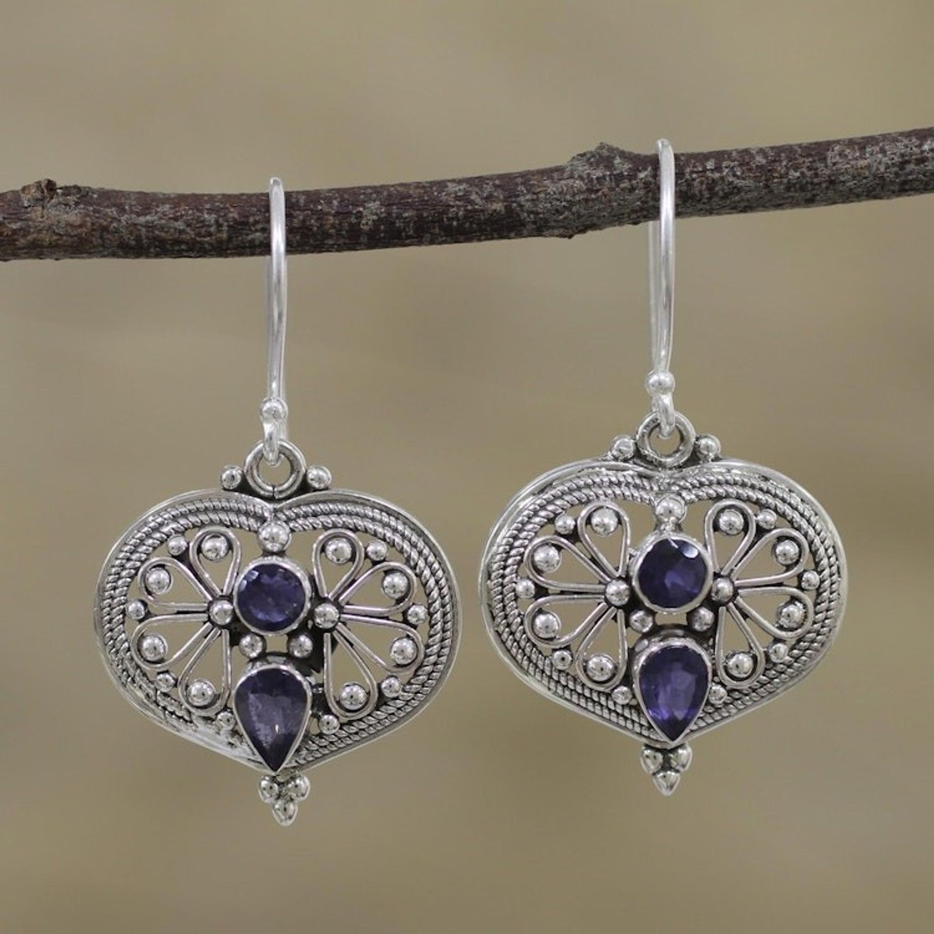 Natural Iolite and Silver Dangle Earrings from India 'Idyllic Love'