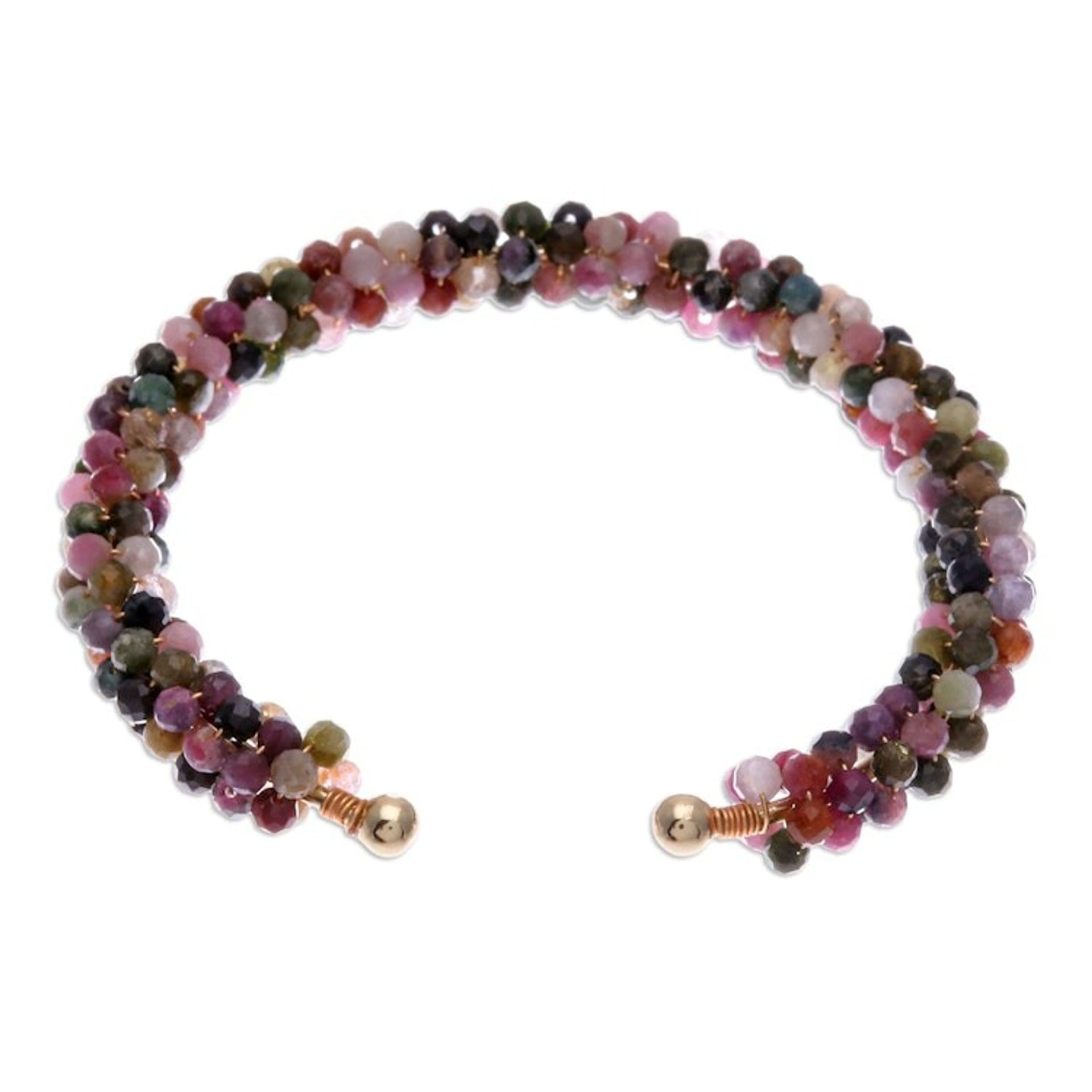Tourmaline Brass and Copper Wire Beaded Cuff Bracelet 'Splendid Beauty'
