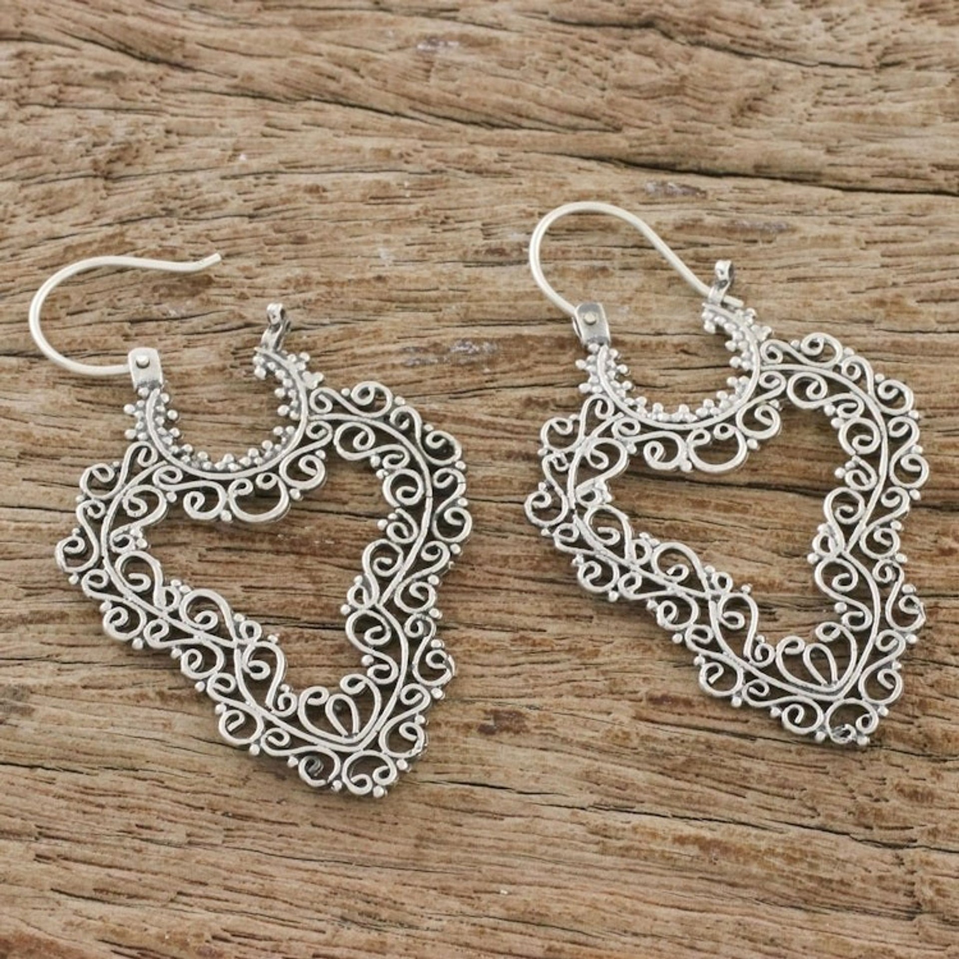 Handcrafted Sterling Silver Scrollwork Heart Hoop Earrings 'Exquisite Heart'