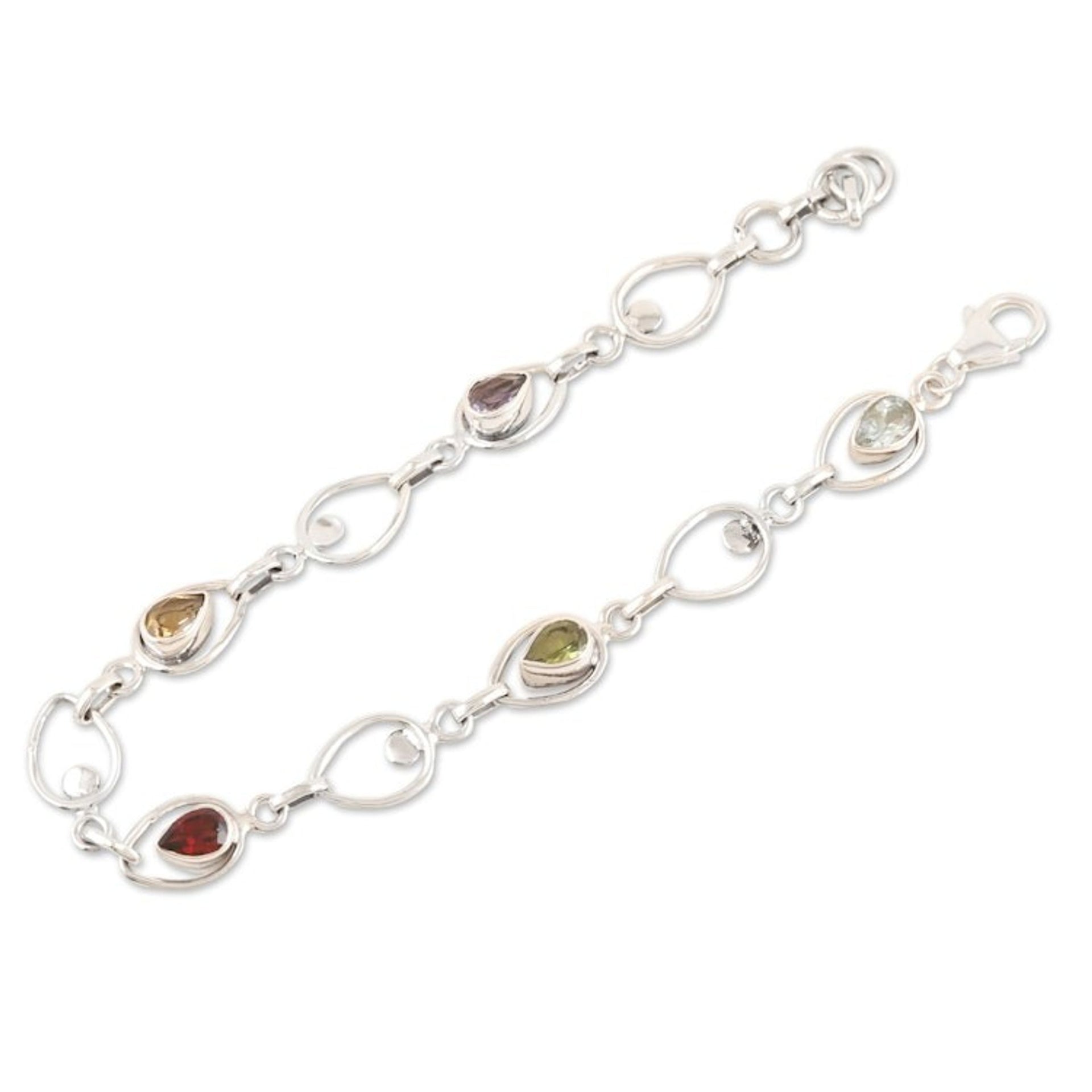 Multi-gemstone Sterling Silver Link Bracelet from India 'Charming Colors'