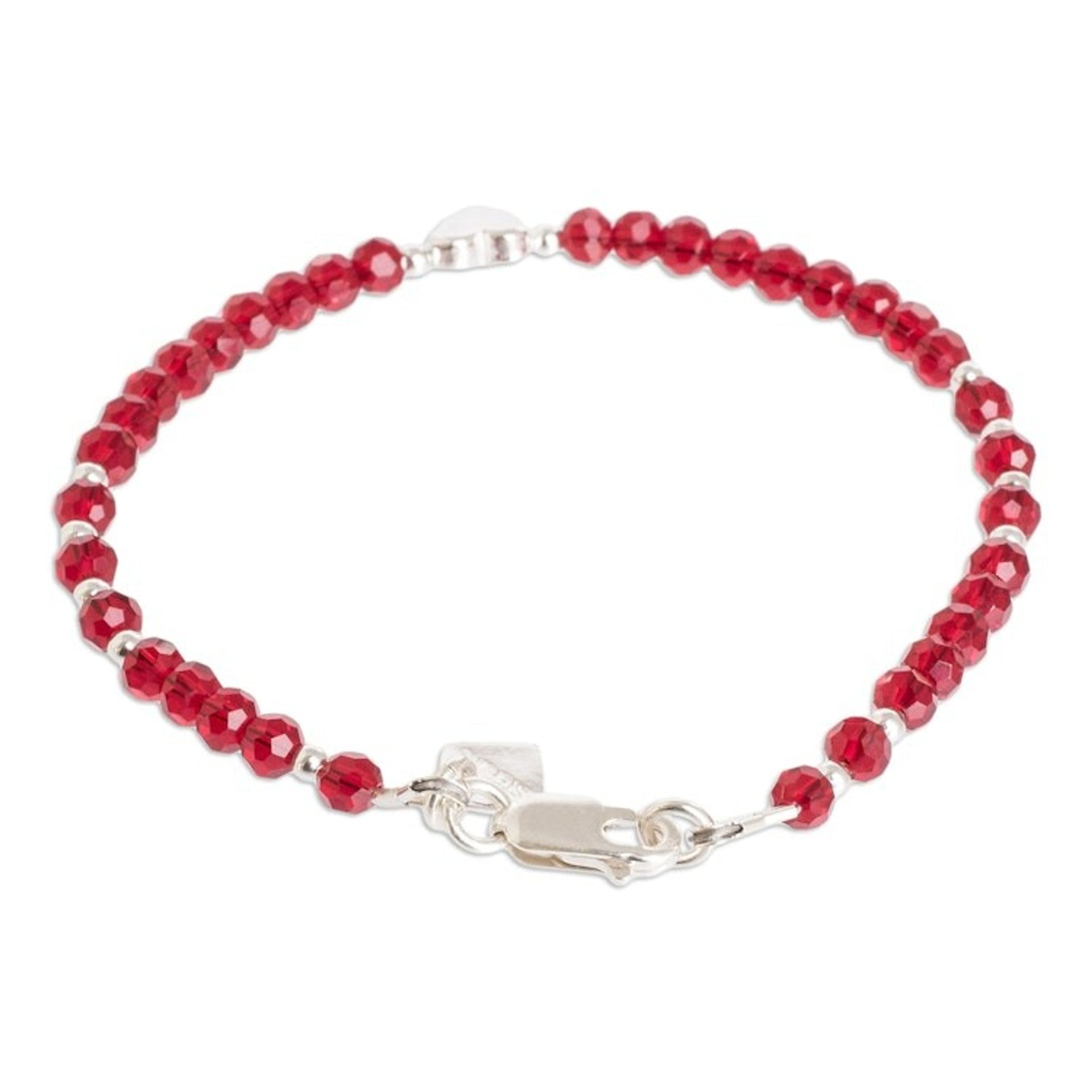 Red Crystal Beaded Bracelet with Silver Heart Pendant 'Love Sensations'