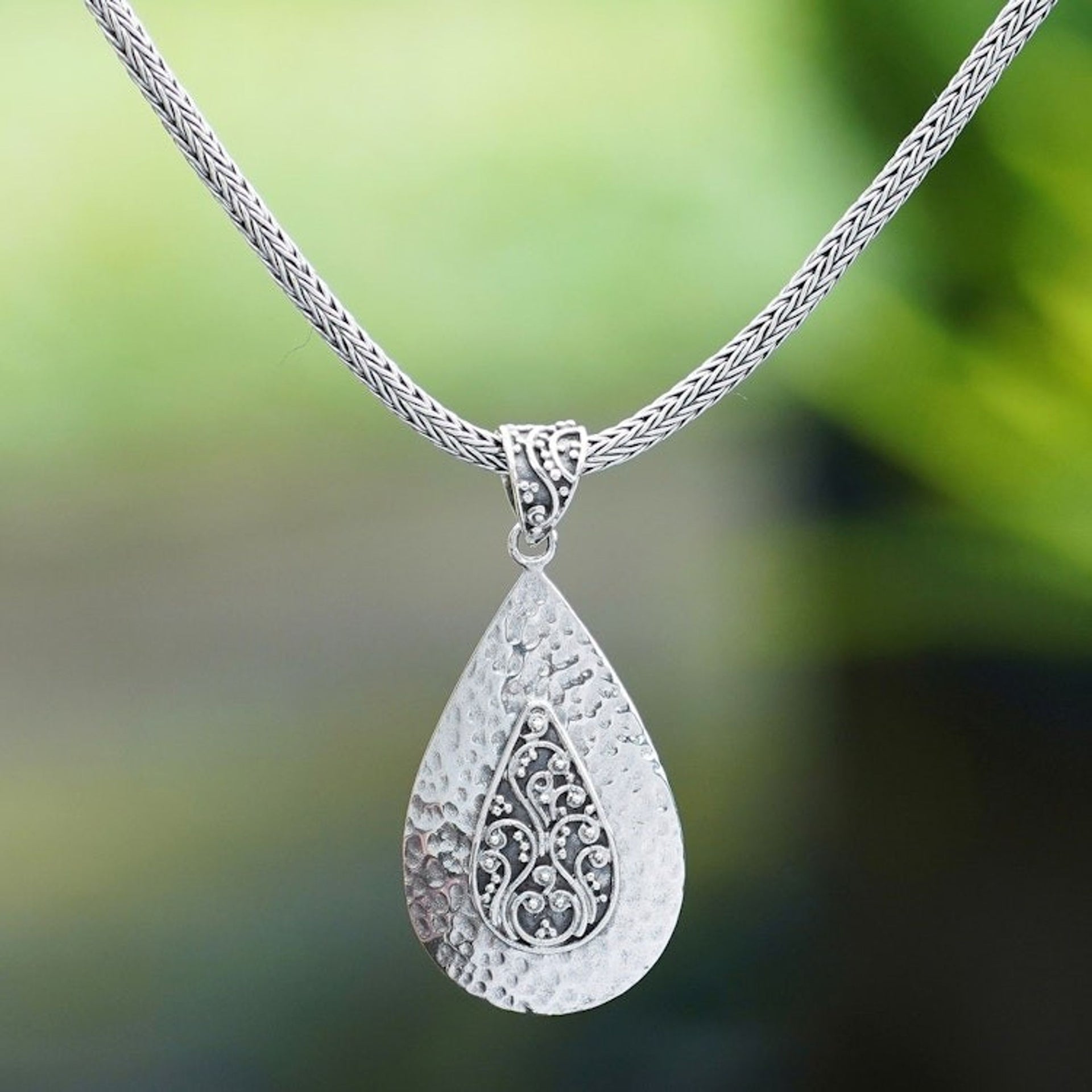 Silver Teardrop Pendant Necklace with Hammered Finish 'Bright Drop'