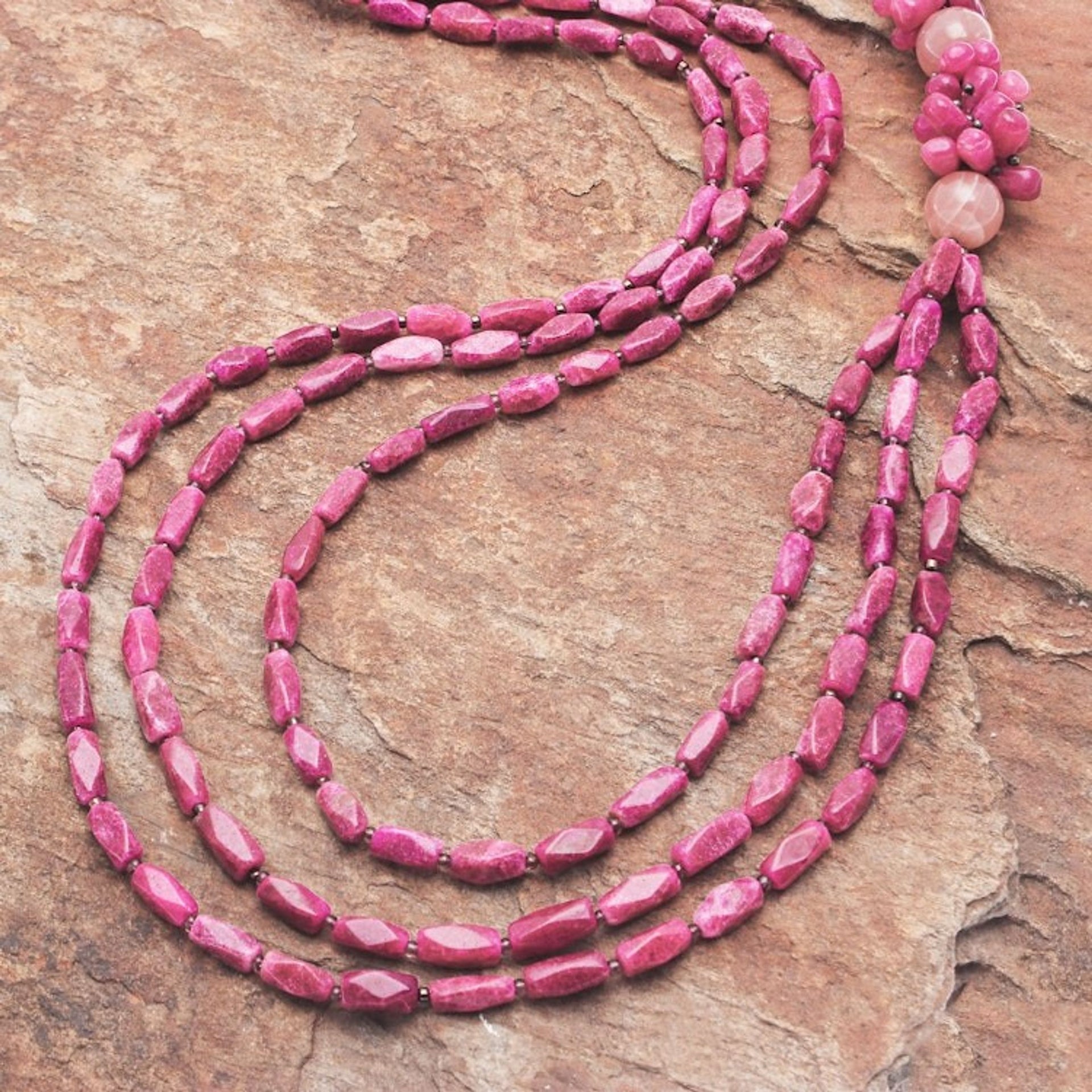 Hand Crafted Pink Quartz Glass Long Beaded Strand Necklace 'Pink Fantasy'
