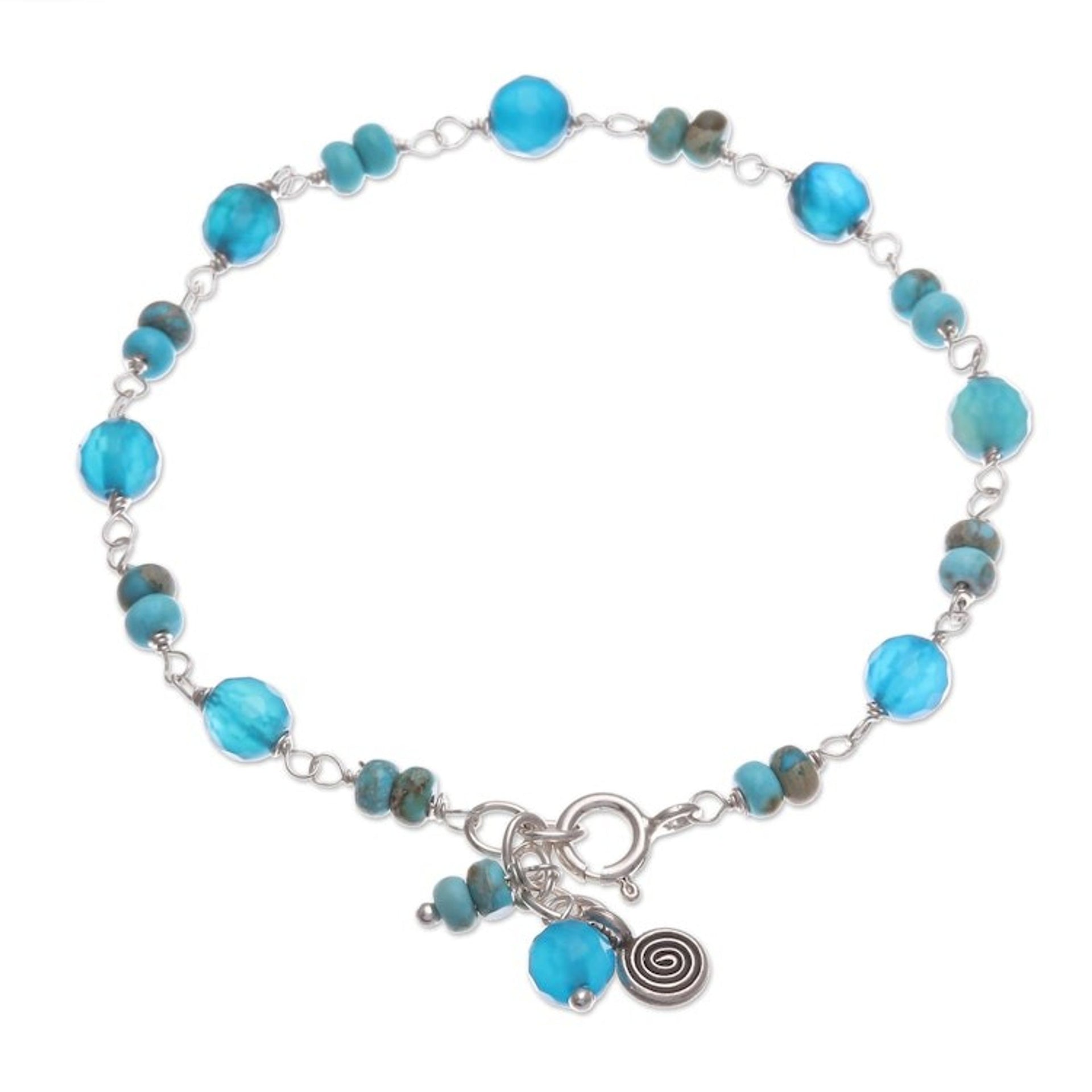 Sterling Silver Beaded Charm Bracelet with Agate and Jasper 'Stylish Swirl'