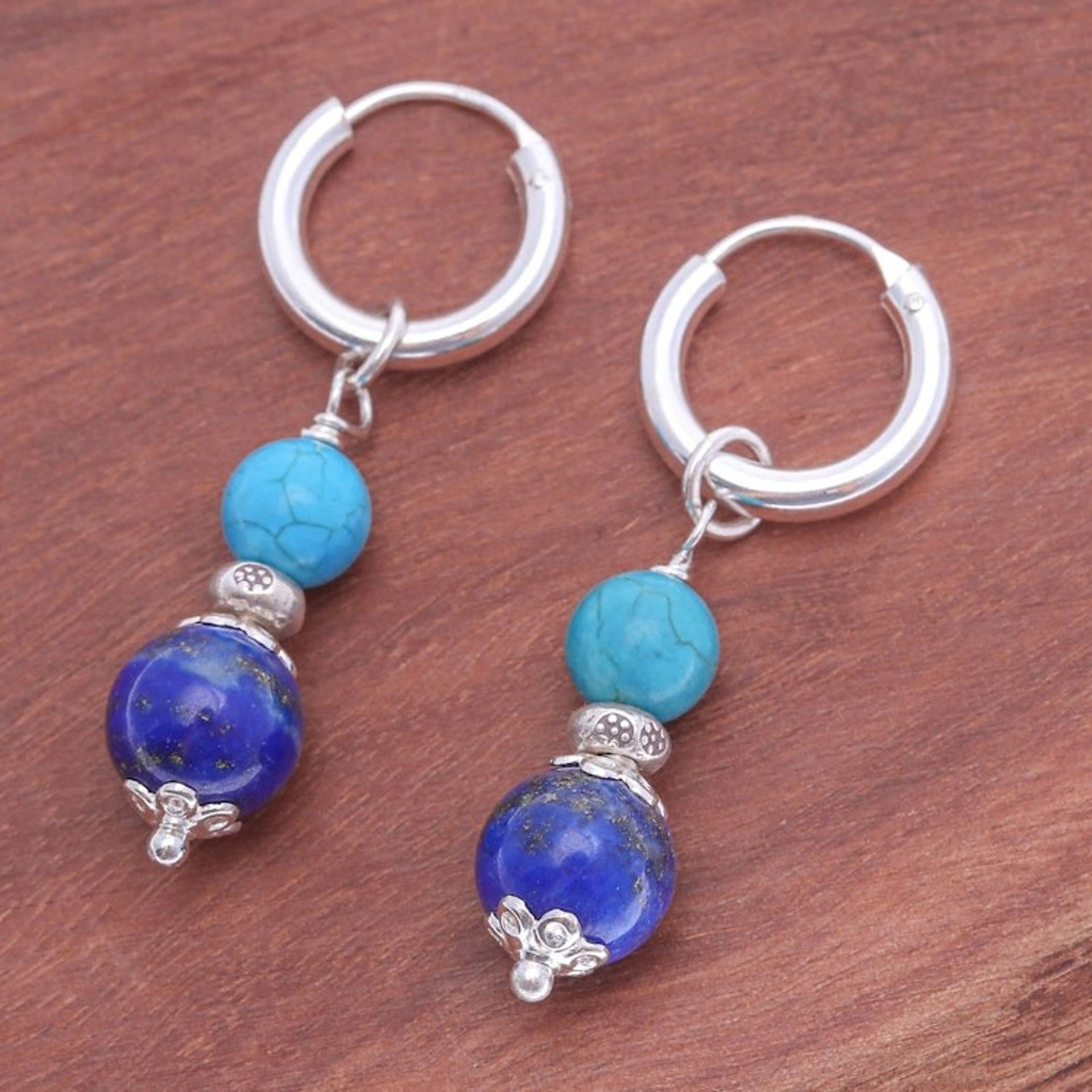 Silver Lapis Lazuli Reconstituted Turquoise Hoop Earrings 'Fab Duo'