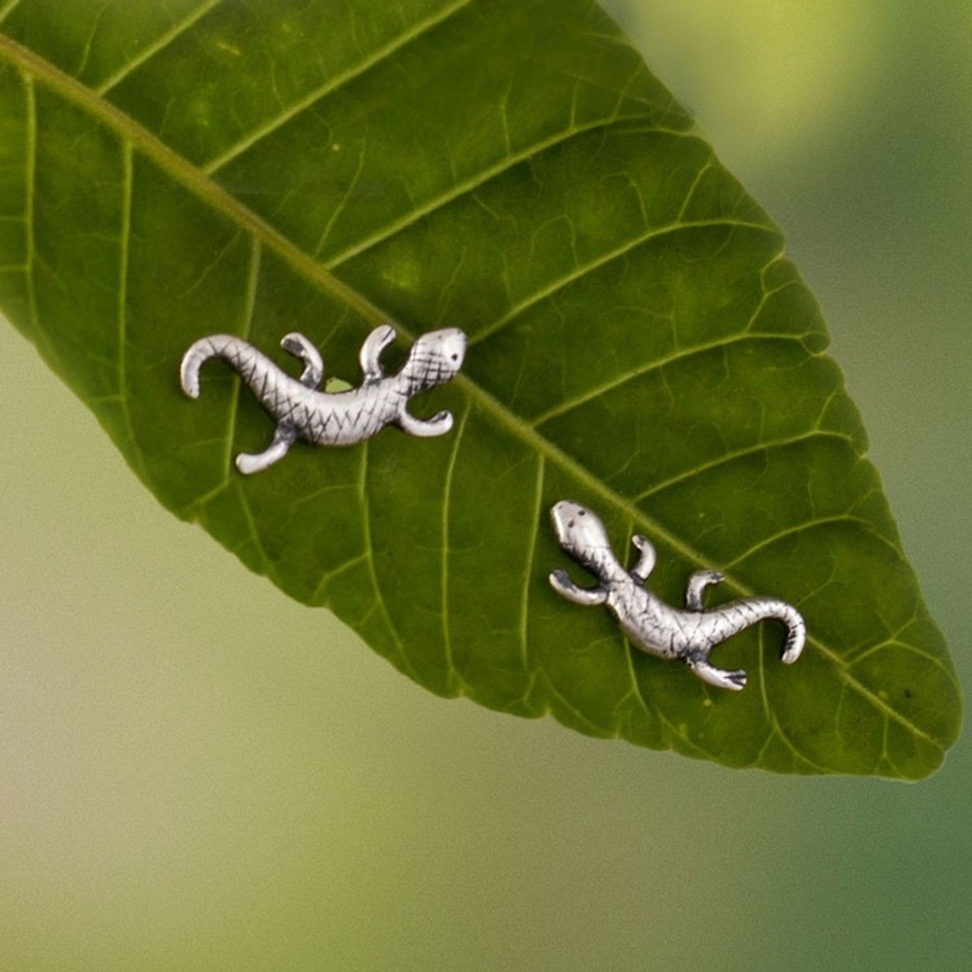950 Silver Stud Earrings from Peru 'Happy Lizard'