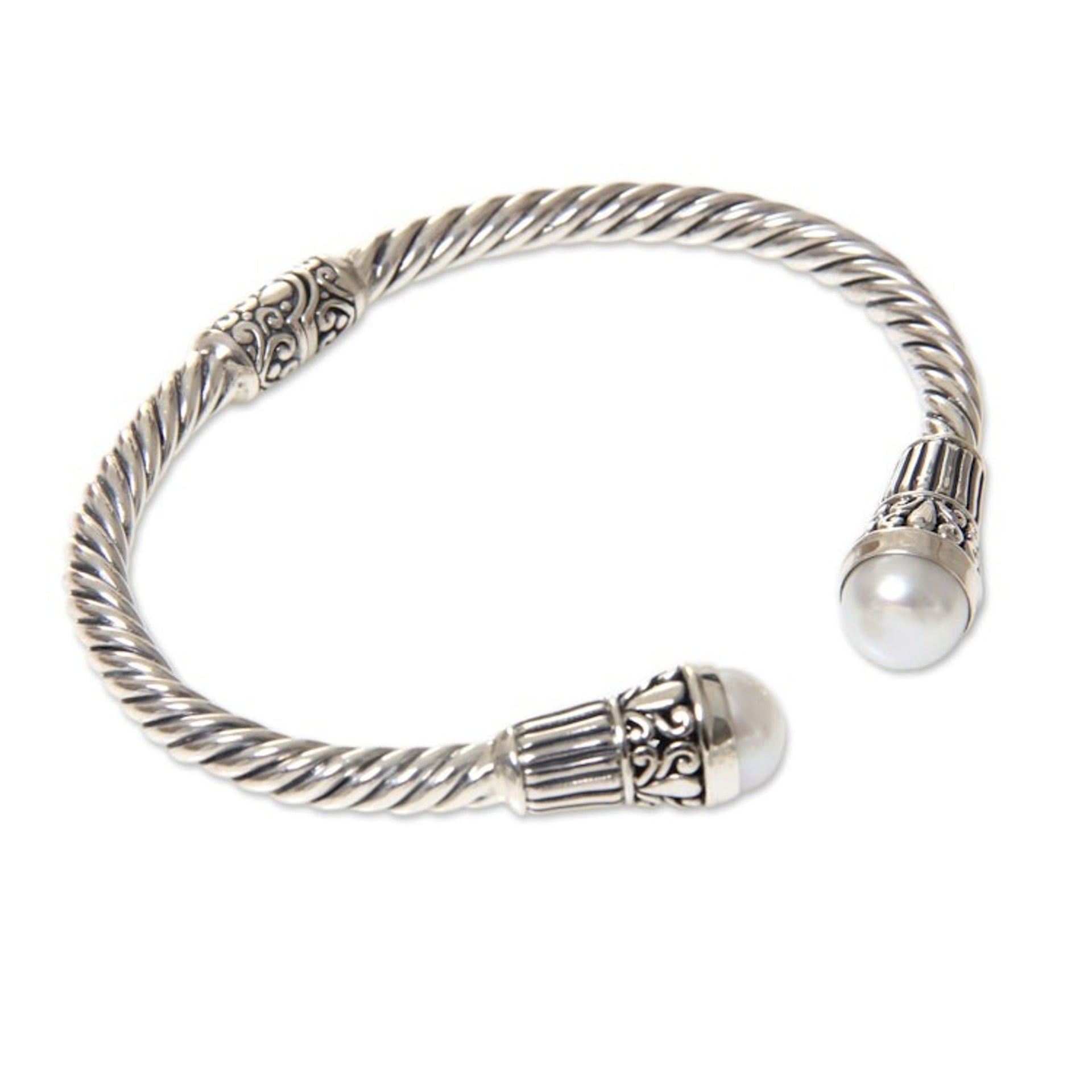 Sterling Silver Hinged Cuff Bracelet with Pearls 'Moonlit Promenade'