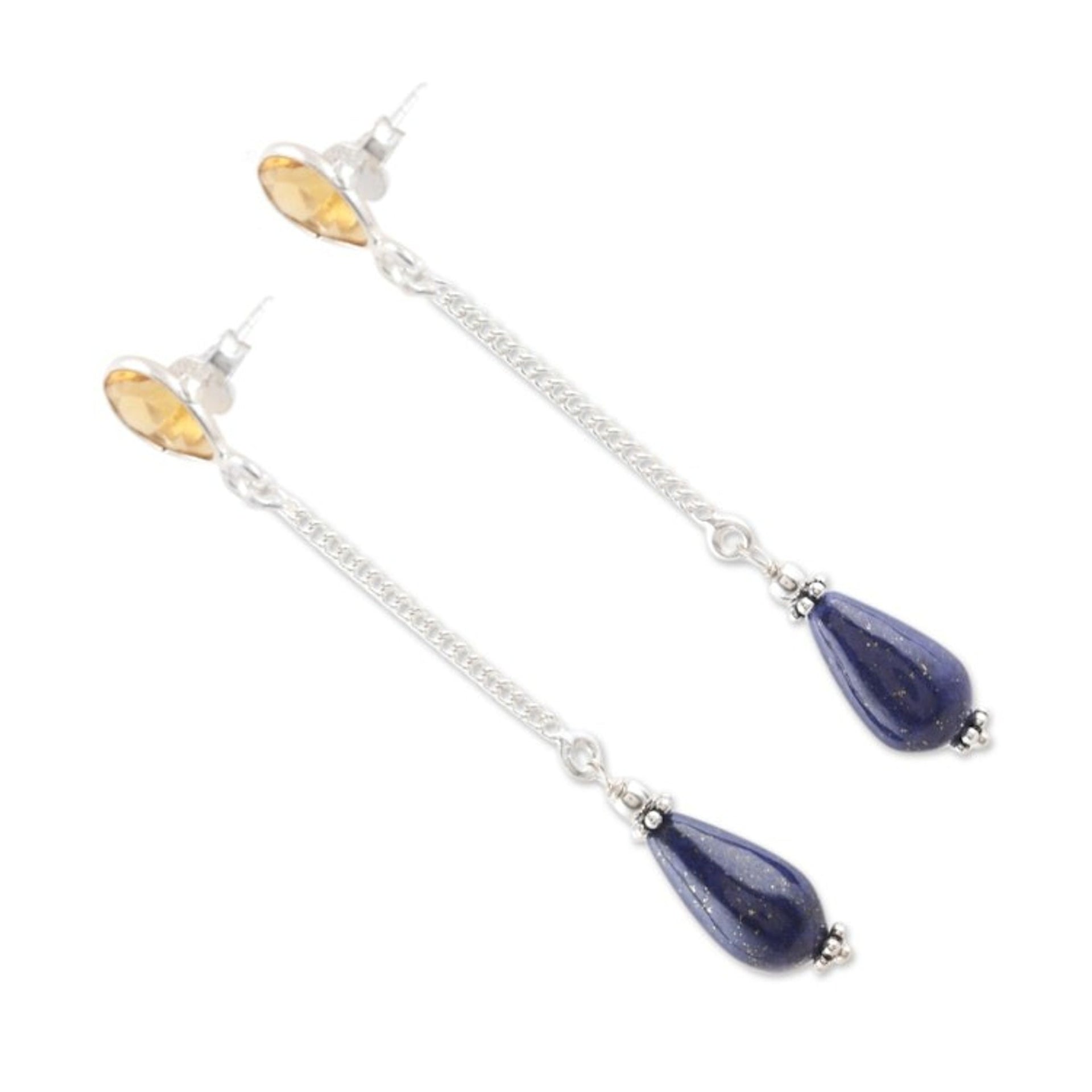 Polished Dangle Earrings with Citrine and Lapis Lazuli Gems 'Real Prosperity'