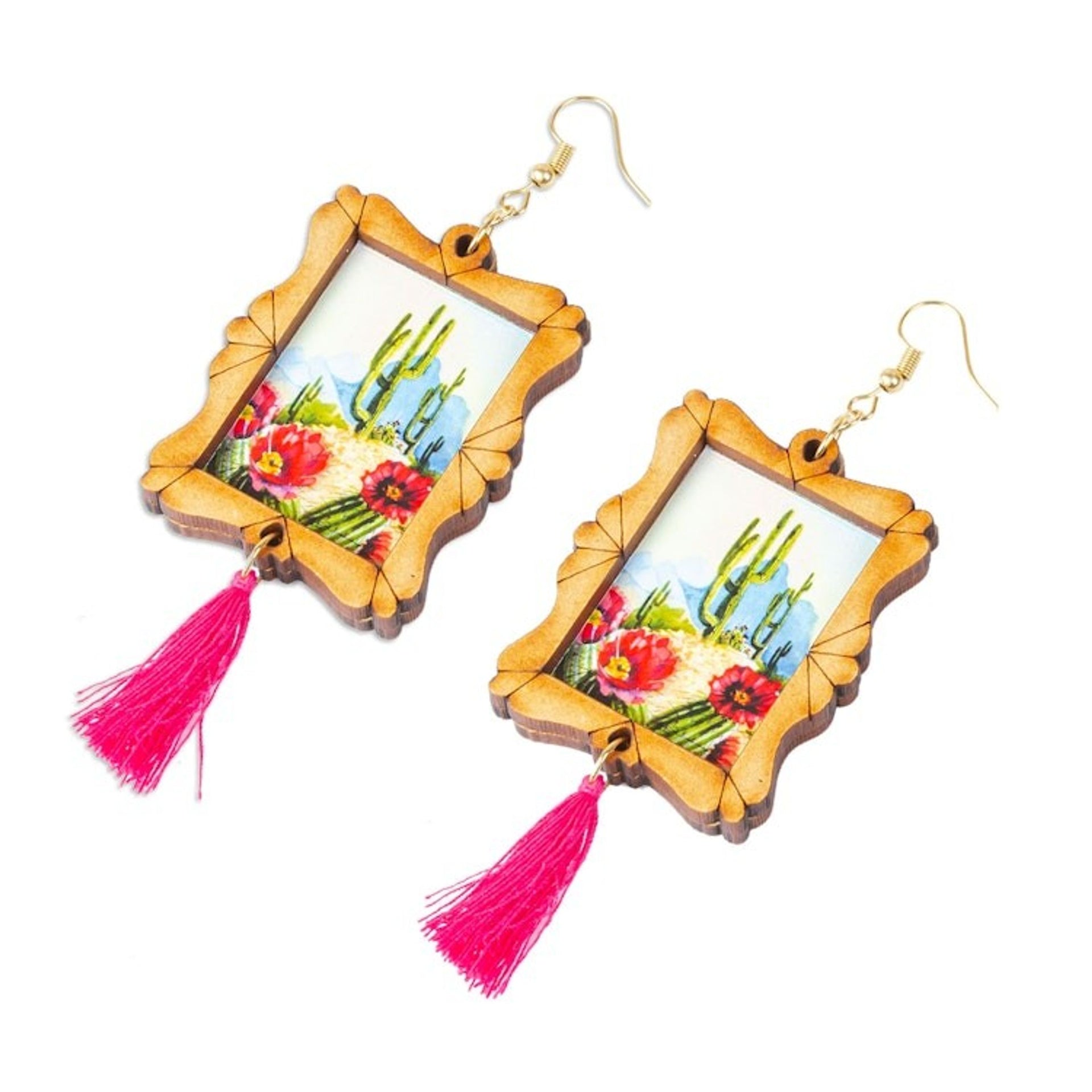 Handcrafted Cactus Scene Wood Frame Dangle Earrings 'Saguaro Scene'