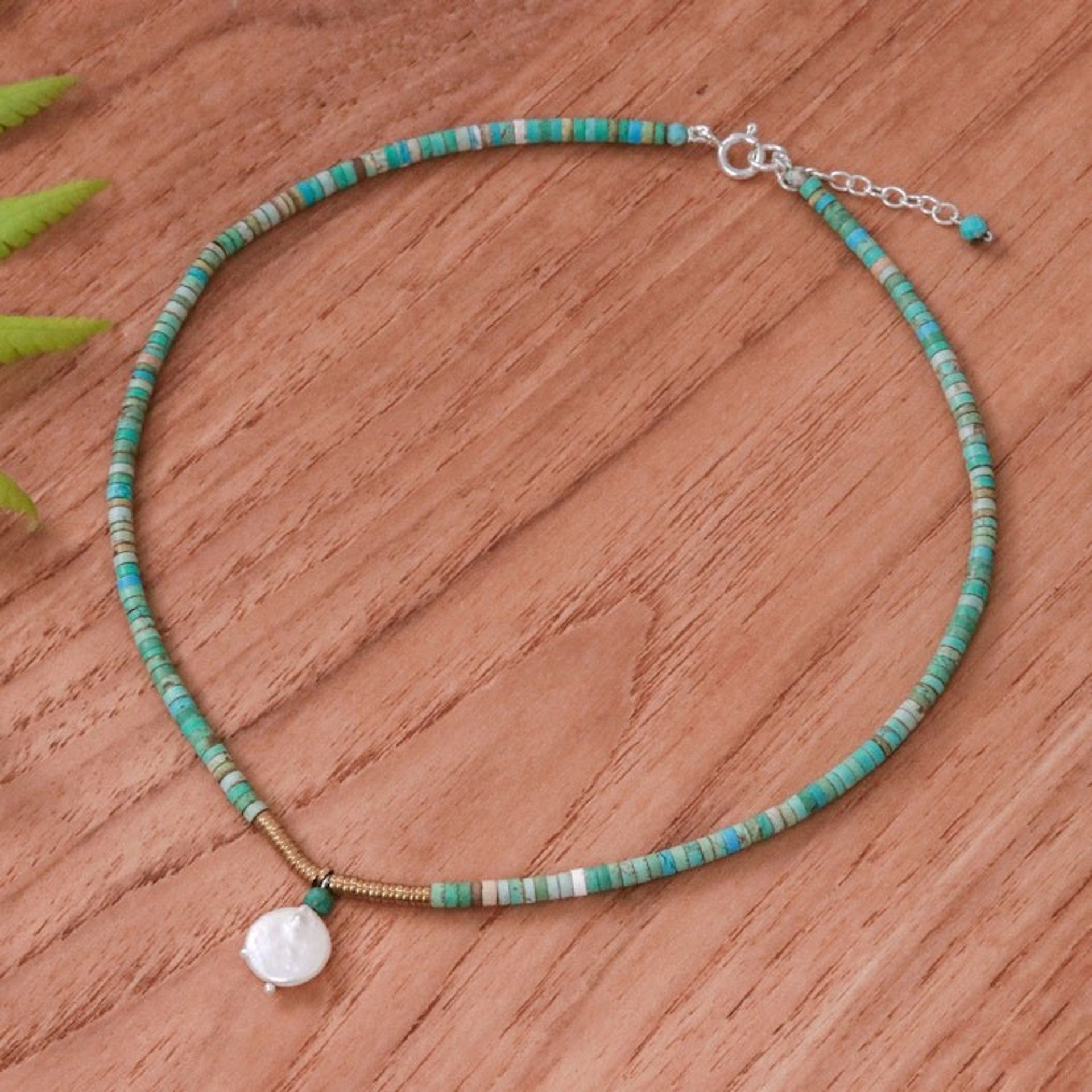 Recon Turquoise and Hematite Necklace with Pearl Pendant 'Lagoon Moon'