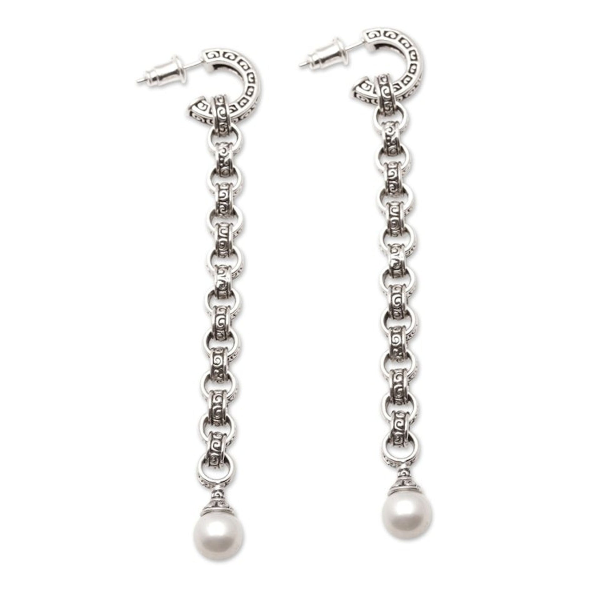 White Cultured Pearl Dangle Earrings with Traditional Motifs 'Buddha Faith Pearls'