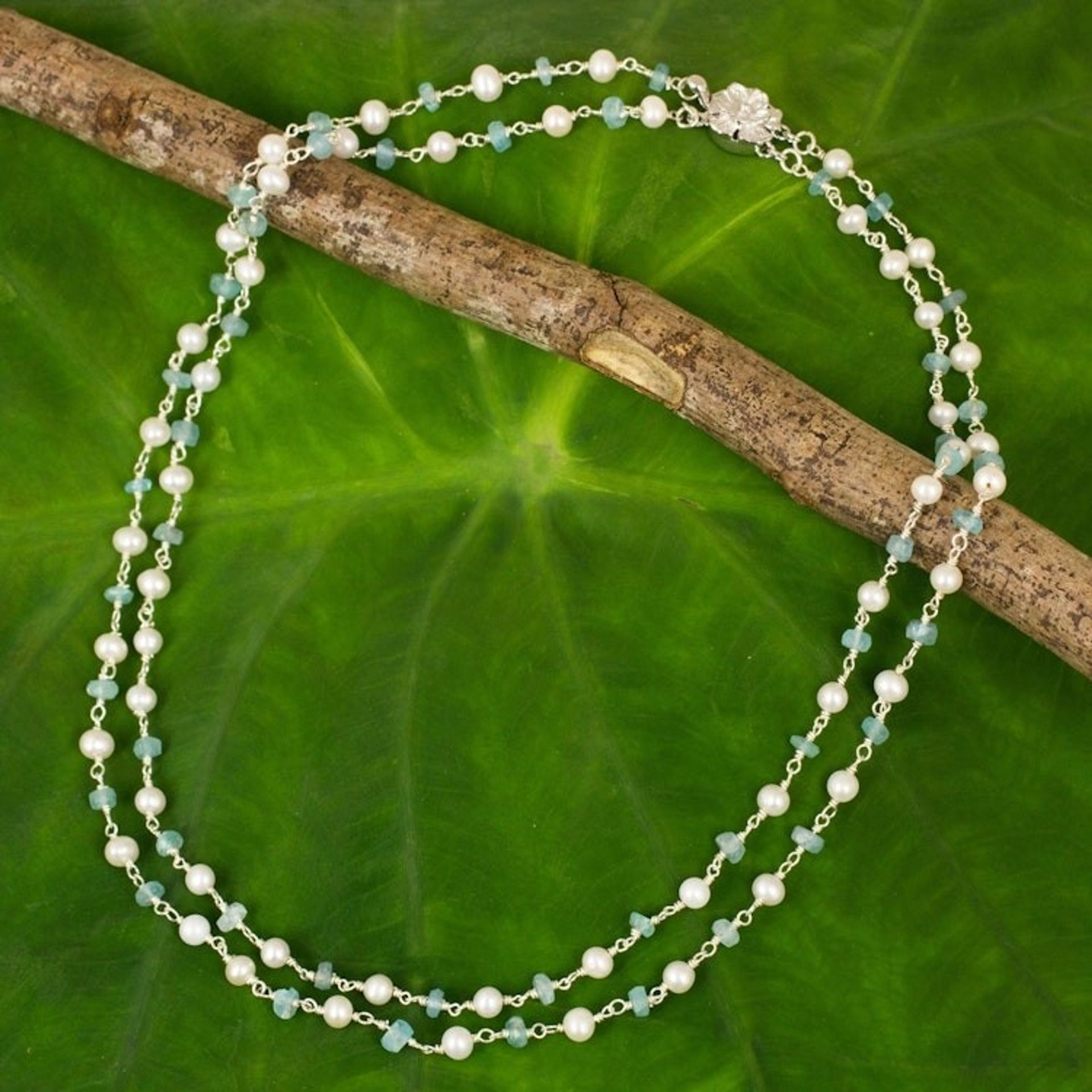 White Pearl and Apatite Strand Necklace with Flower Clasp 'Regal Water Lily'