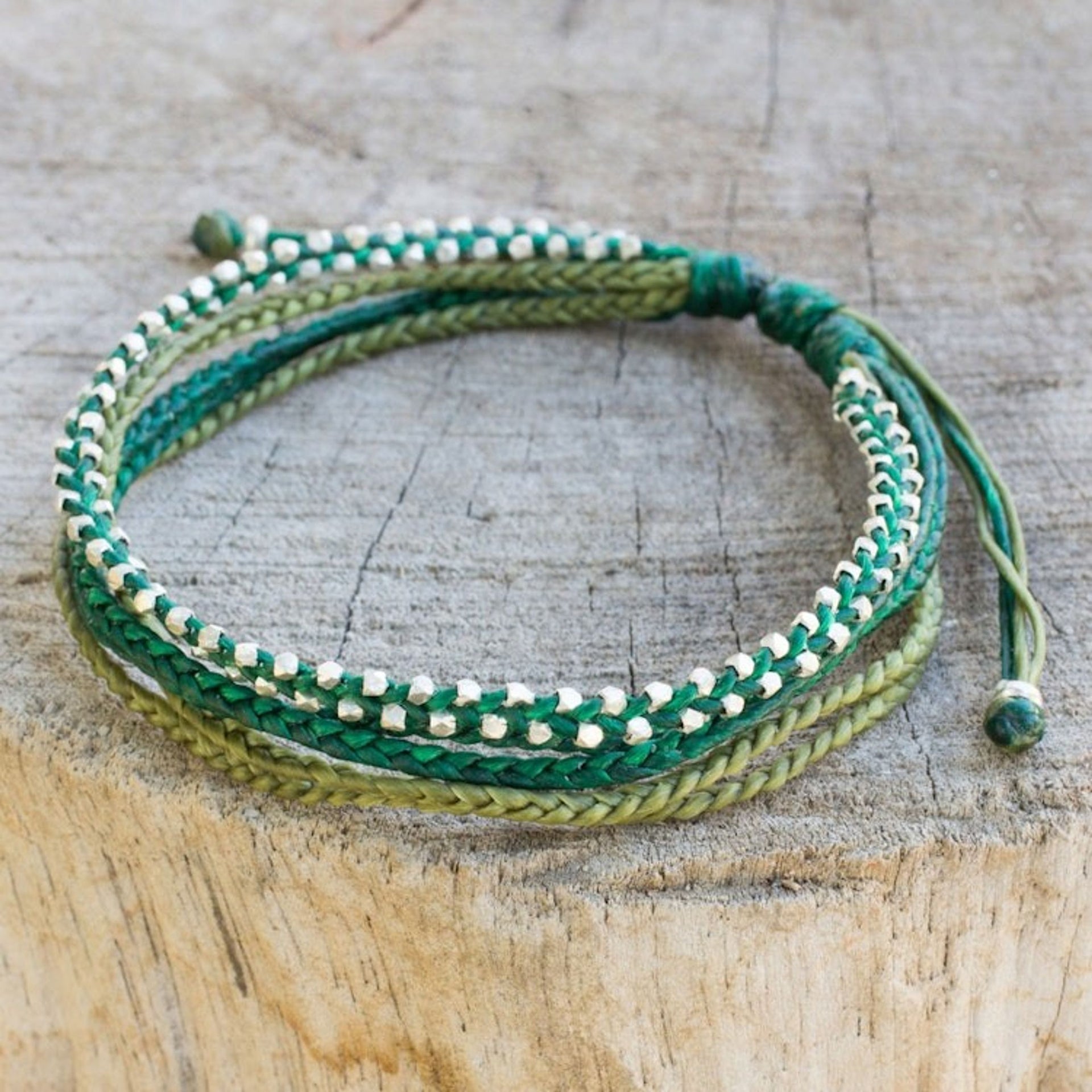 Hand Crafted Cord Wristband Bracelet with Silver Beads 'Fresh Green'