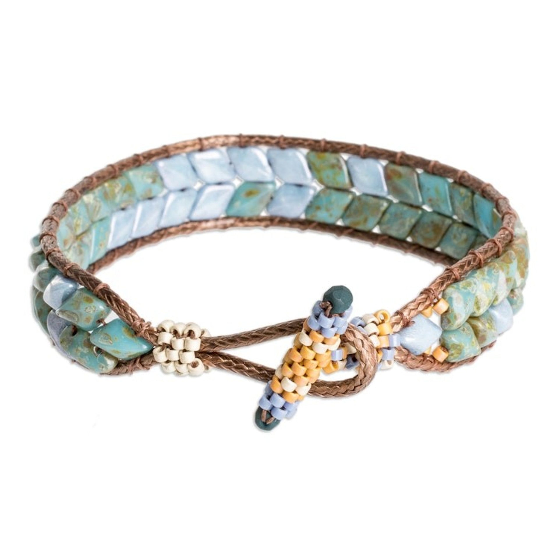 Handcrafted Blue and Green Glass Beaded Wristband Bracelet 'Celestial Current'