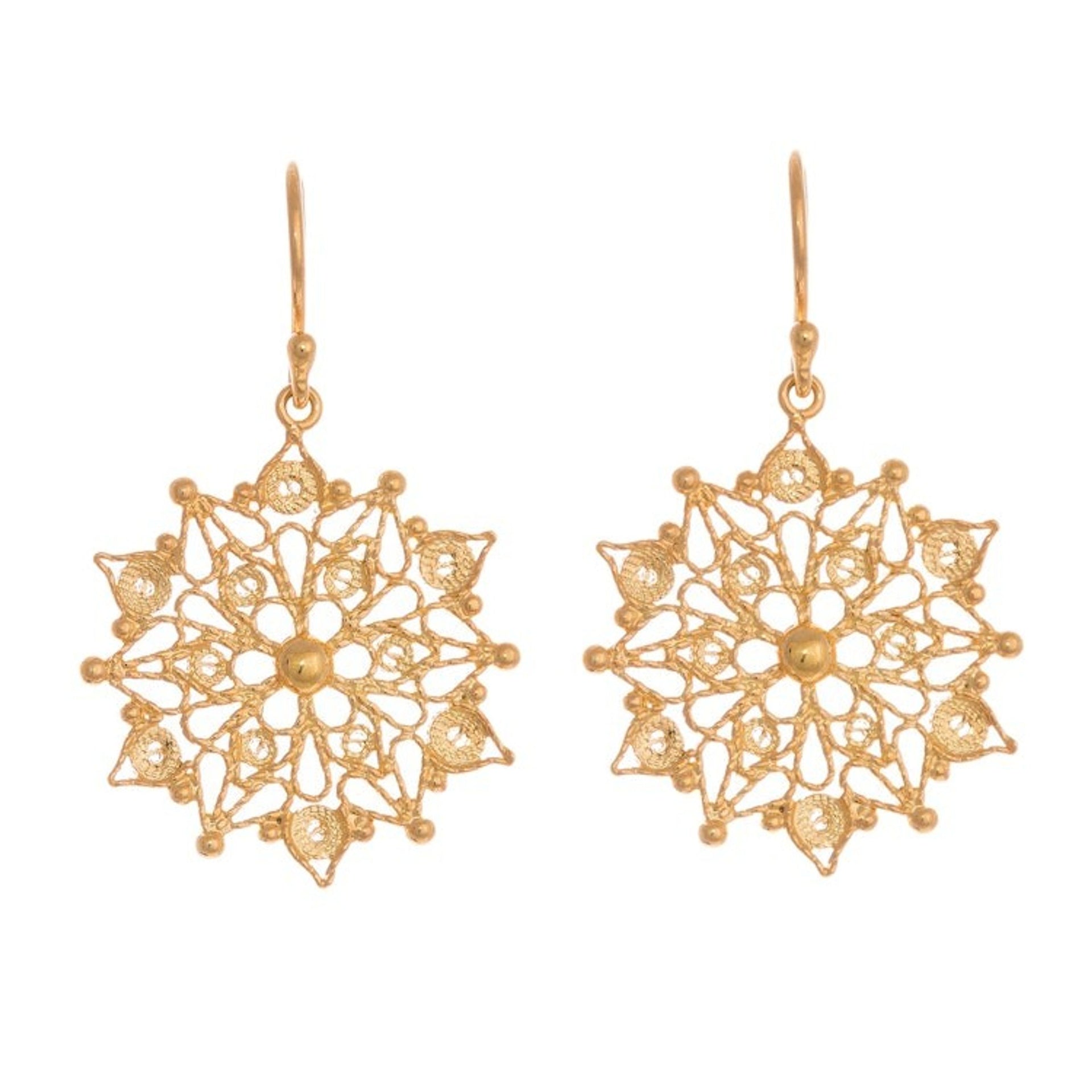 24k Gold Plated Sterling Silver Filigree Dangle Earrings 'Gleaming Mandalas'