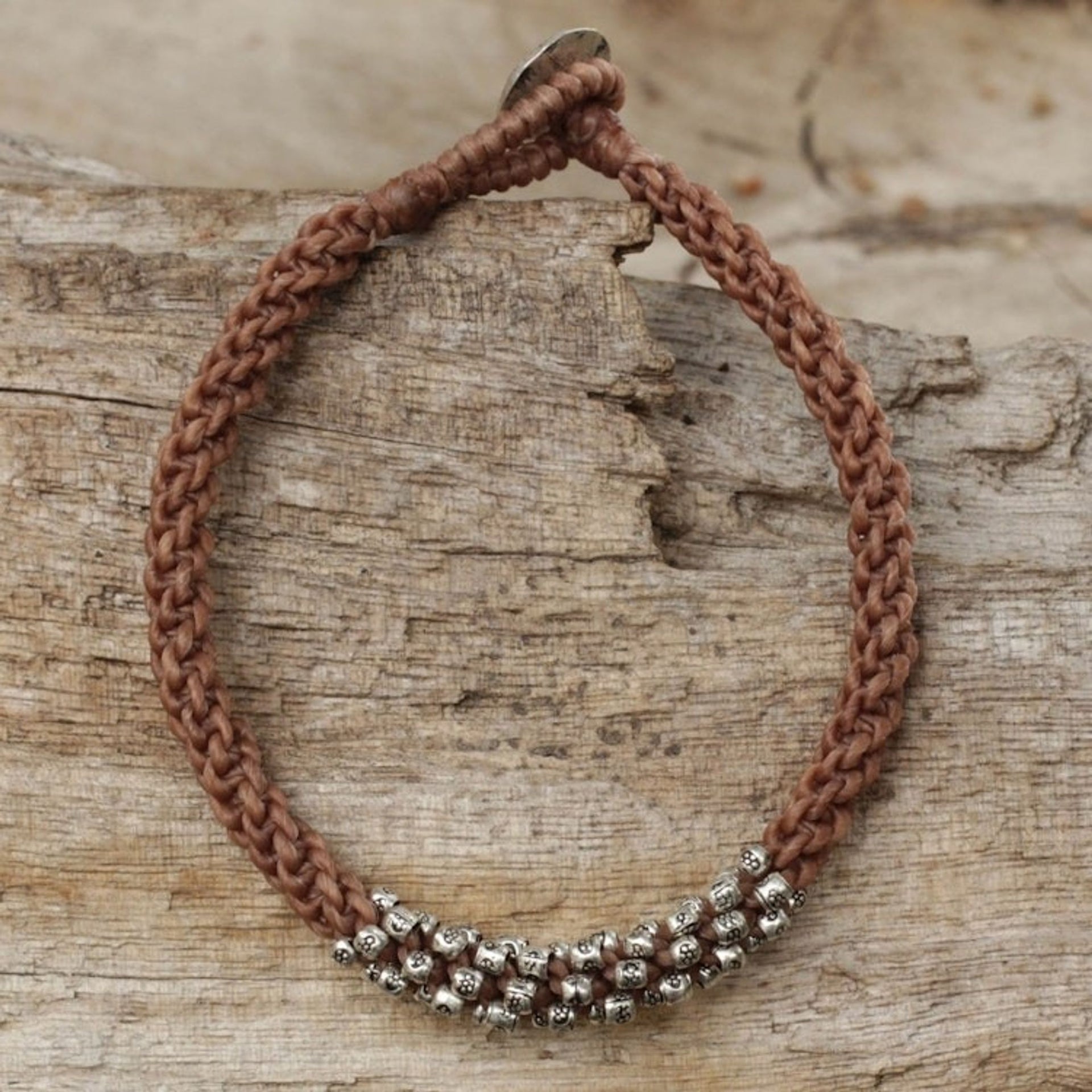 Handwoven Cord Bracelet in Tan with Silver Beads 'Tribal Flowers in Tan'