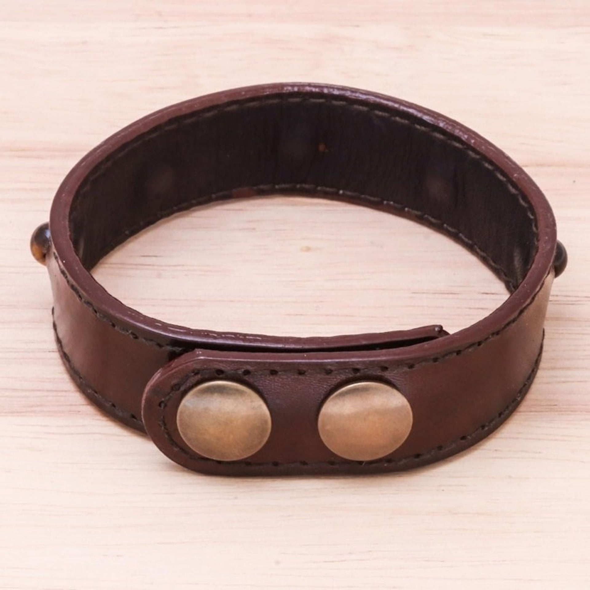 Men's Tiger's Eye and Leather Beaded Wristband Bracelet 'Powerful Mind'