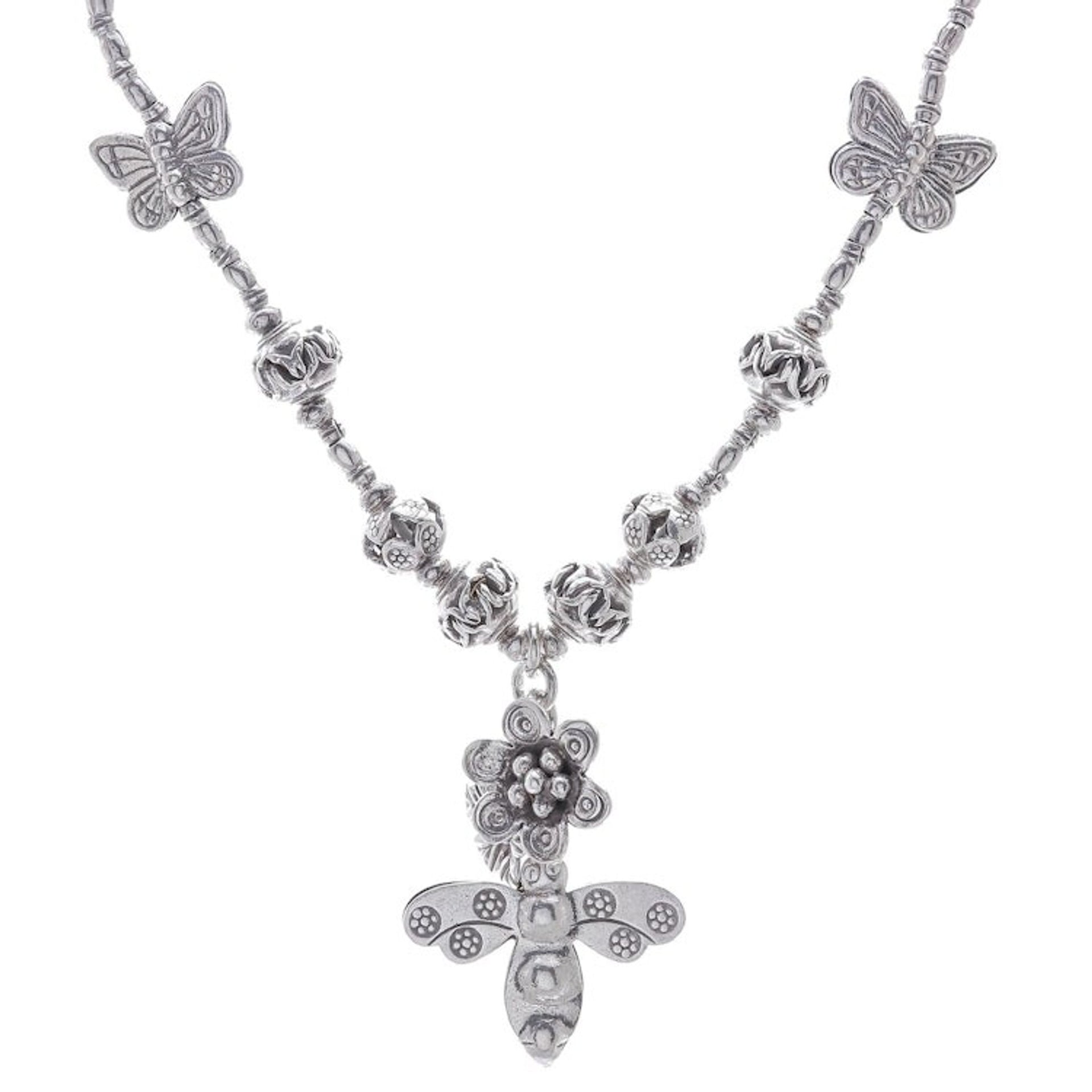 950 Silver Pendant Necklace Bee and Flower Themed 'Bee Irresistible'