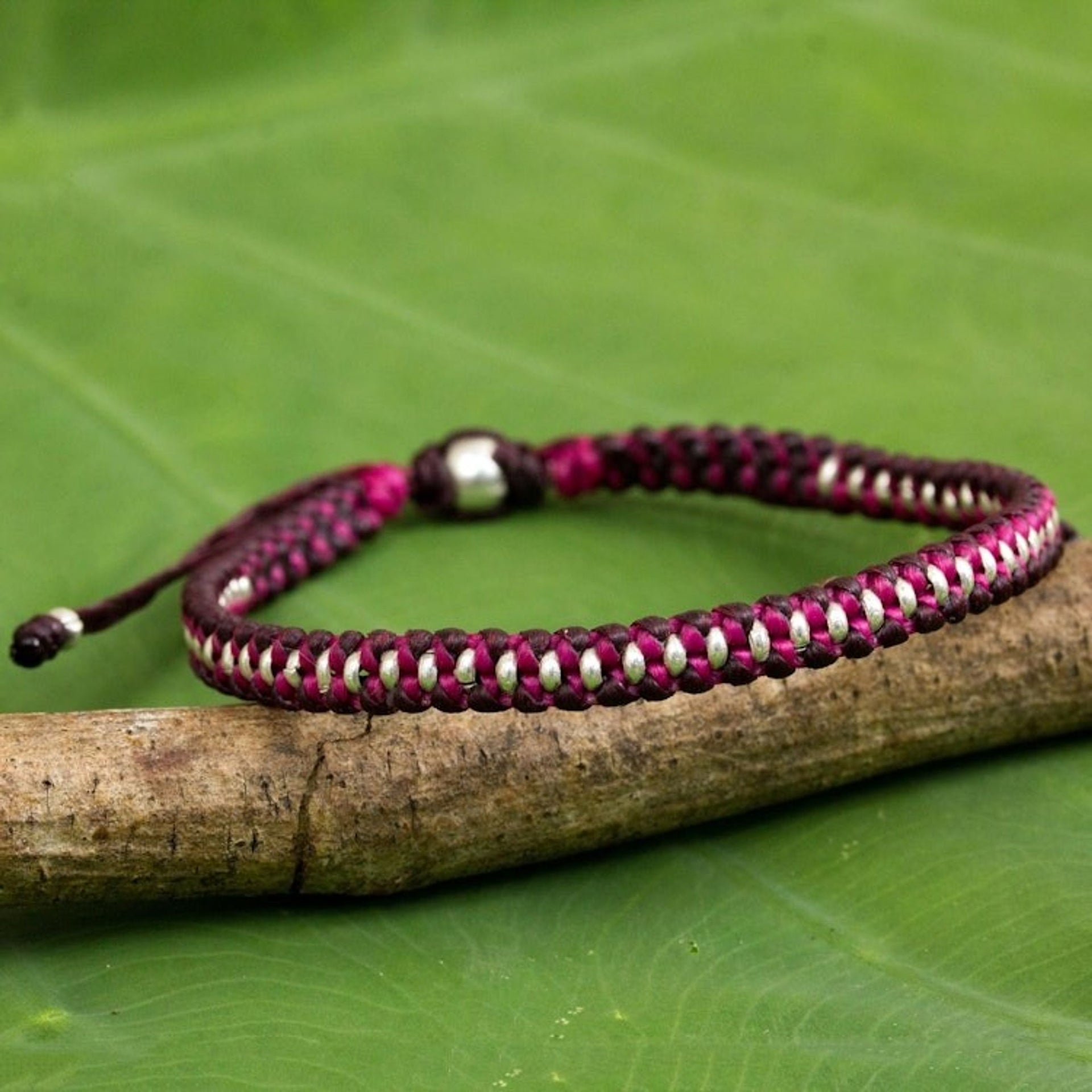 Artisan Crafted Braided Bracelet with Silver Beads 'Bringing Friendship in Magenta'