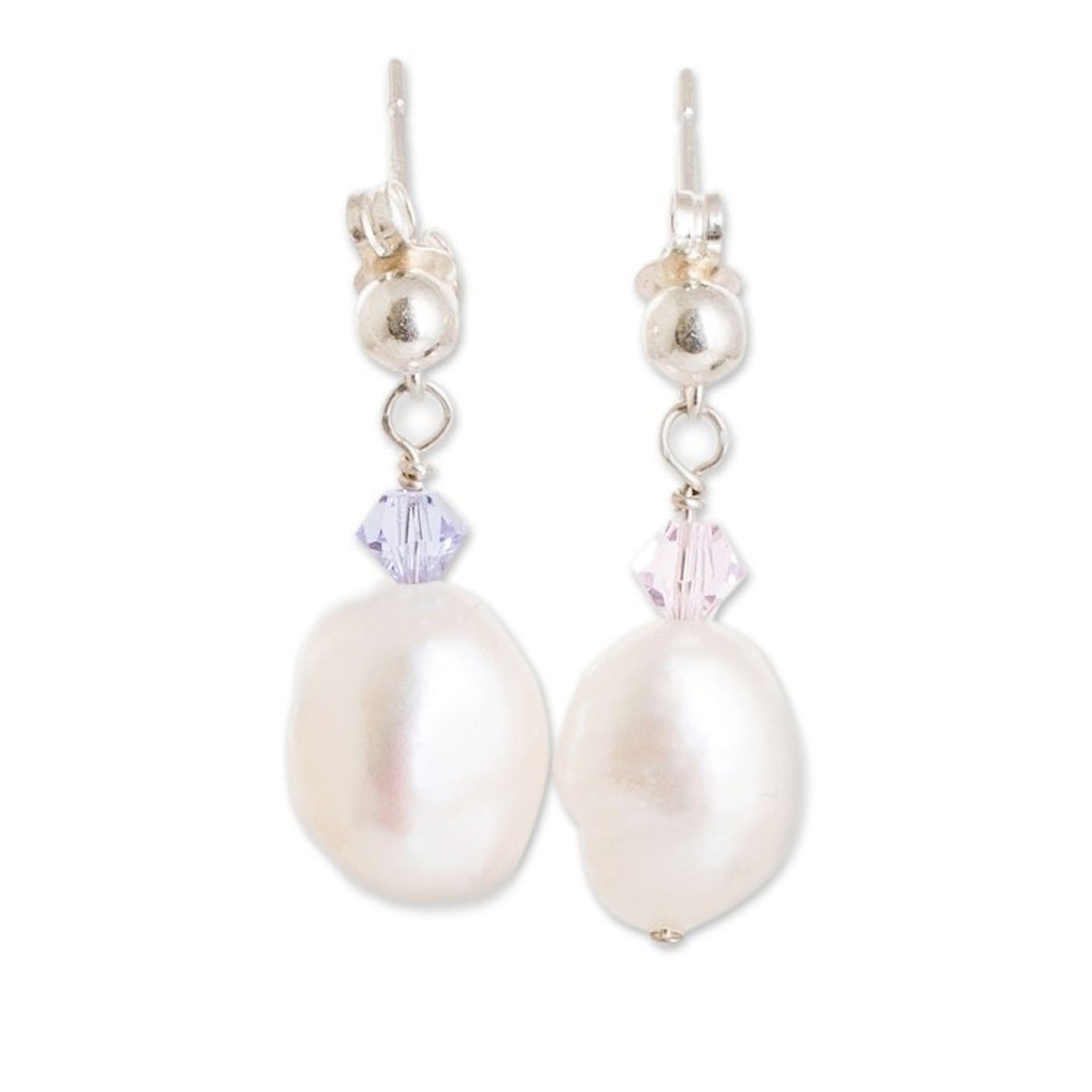Silver Dangle Earrings with Cultured Pearls Crystal Beads 'Colors on Cream'