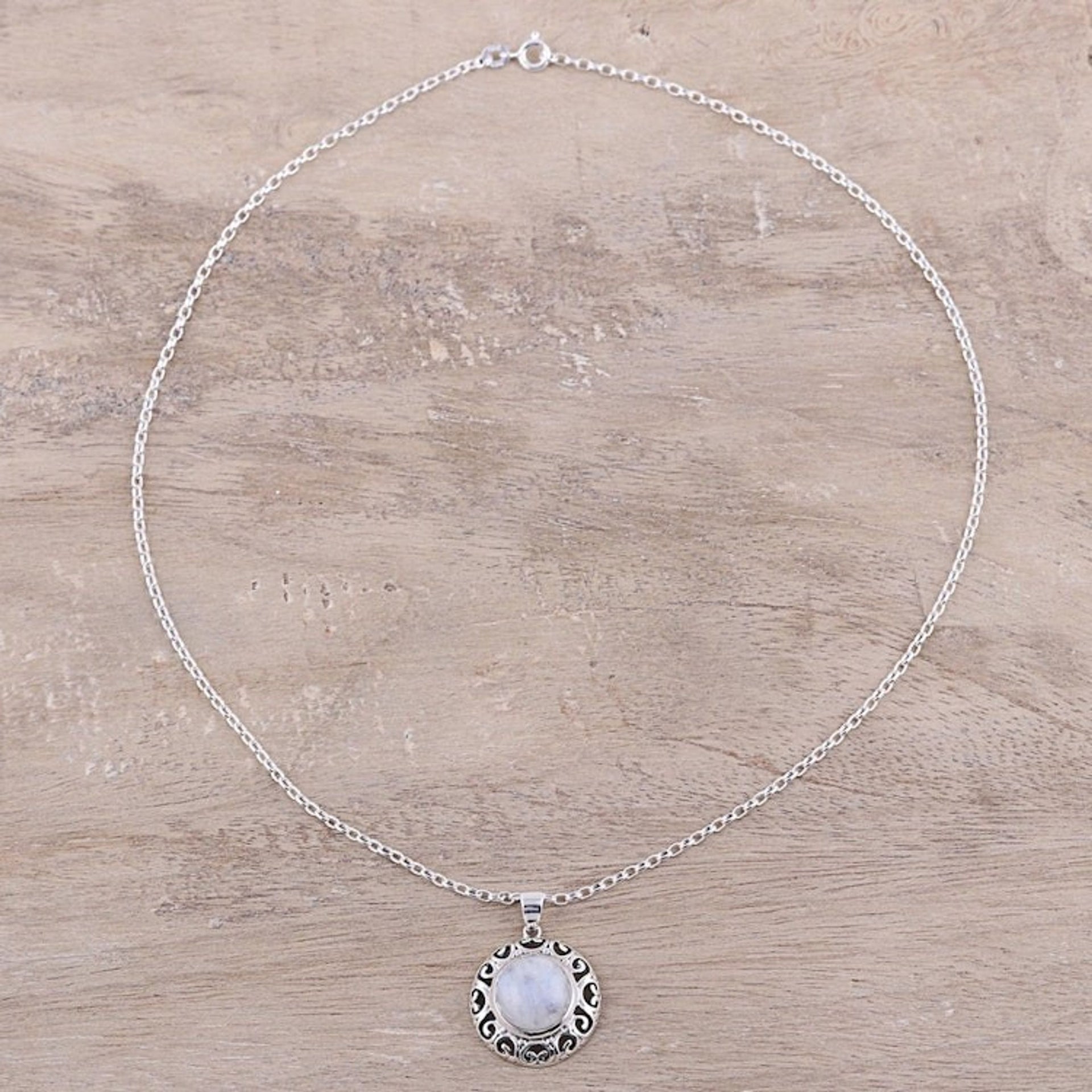 Indian Sterling Silver and Rainbow Moonstone Necklace 'Glowing Moonlight'