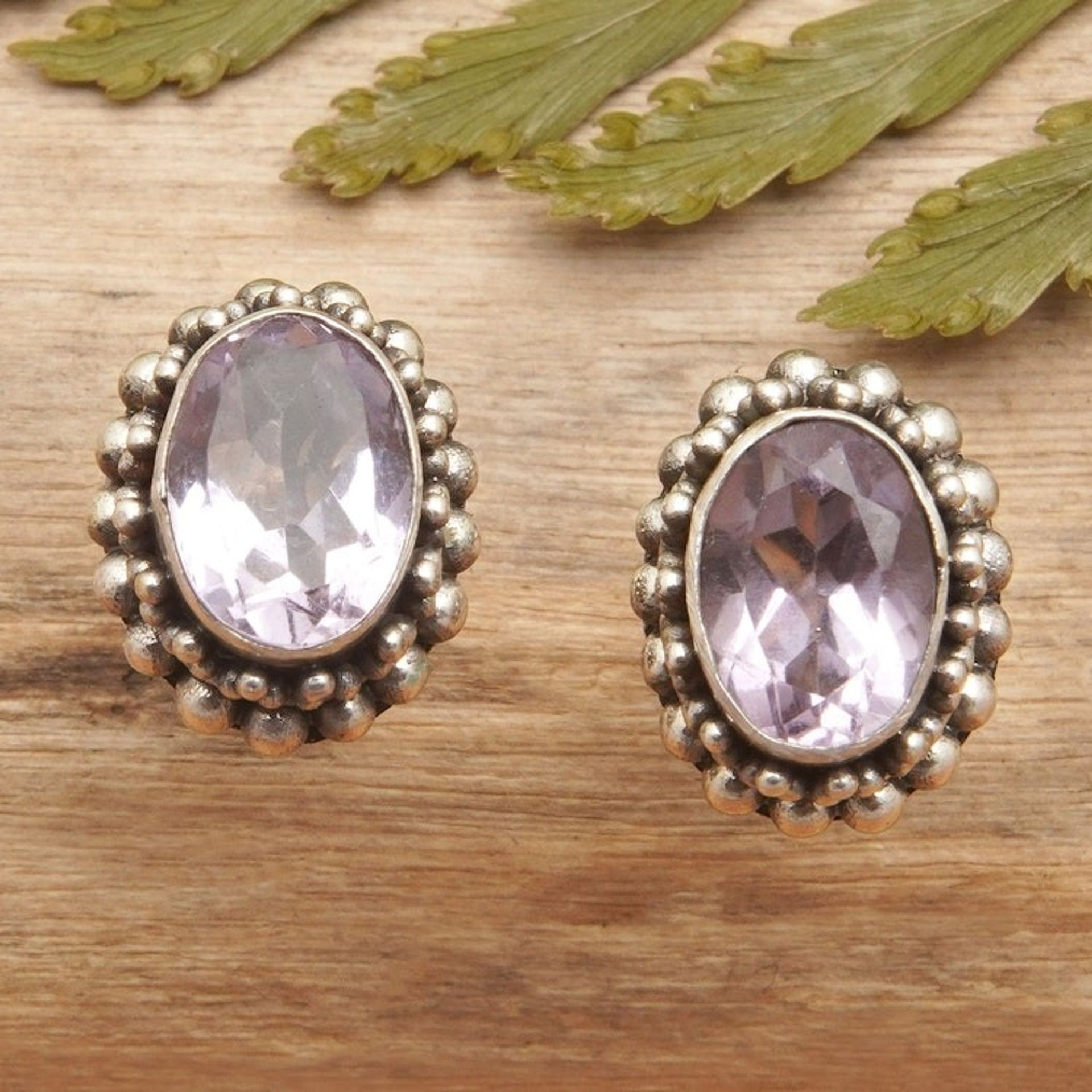 Sterling Silver Stud Earrings with Oval Amethyst Gems 'Purple Maiden'