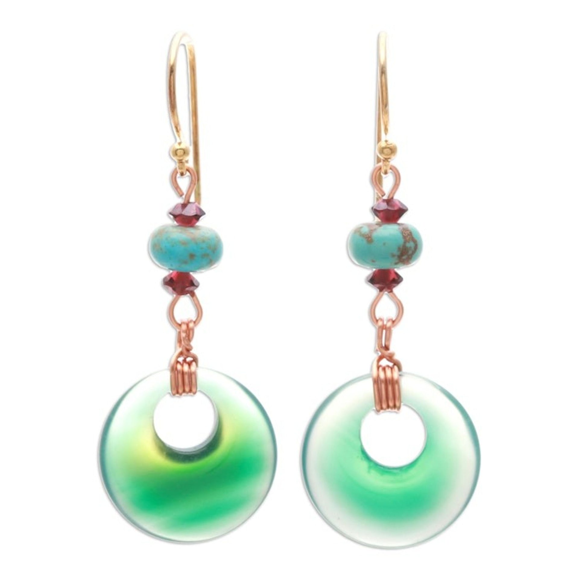 Tropical Glam-Themed Green Onyx and Garnet Dangle Earrings 'Island Loops'
