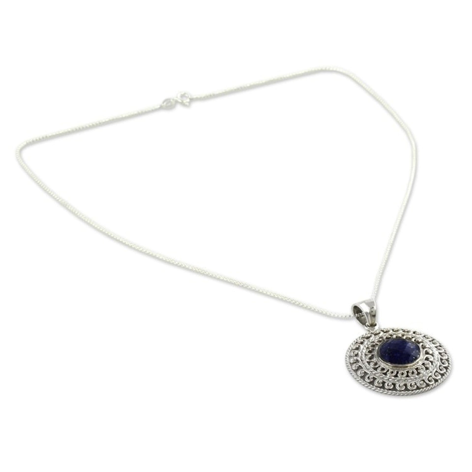 Sterling Silver and Lapis Lazuli Necklace from India Jewelry 'Mystical Shield'