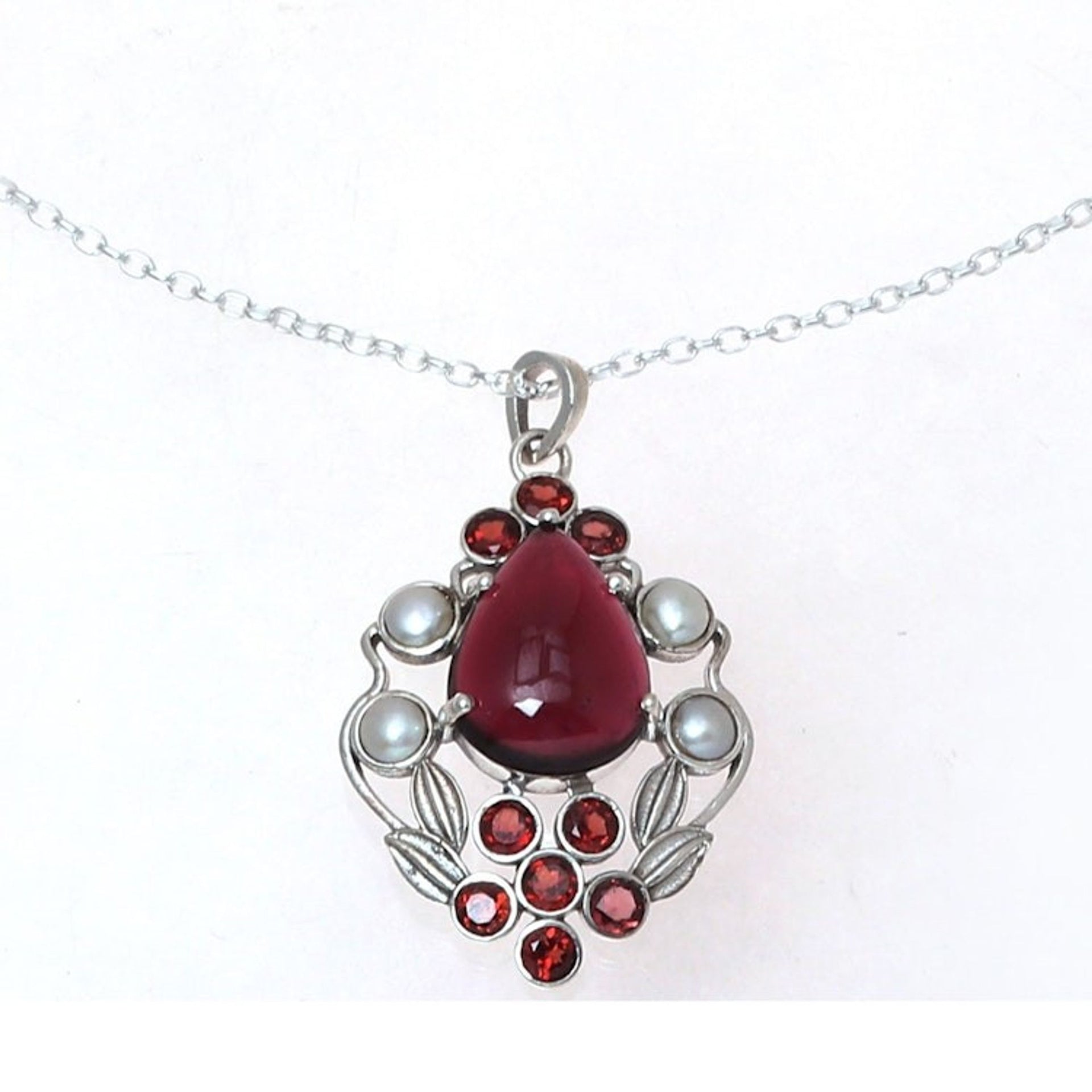Garnet and Cultured Pearl Pendant Necklace from India 'Basket of Blossoms'