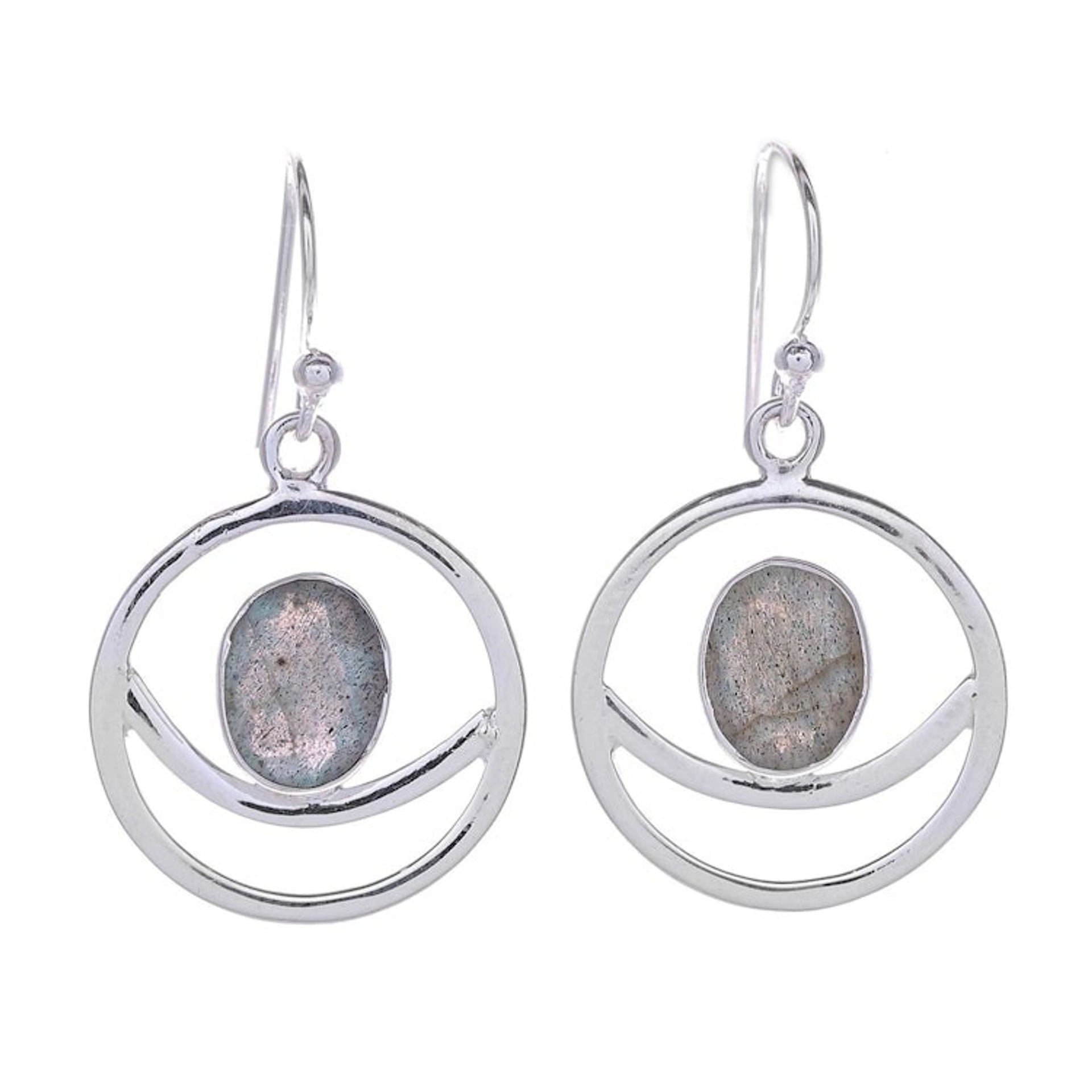 Hand Crafted Labradorite Dangle Earrings 'Grinning Moon in Iridescent'