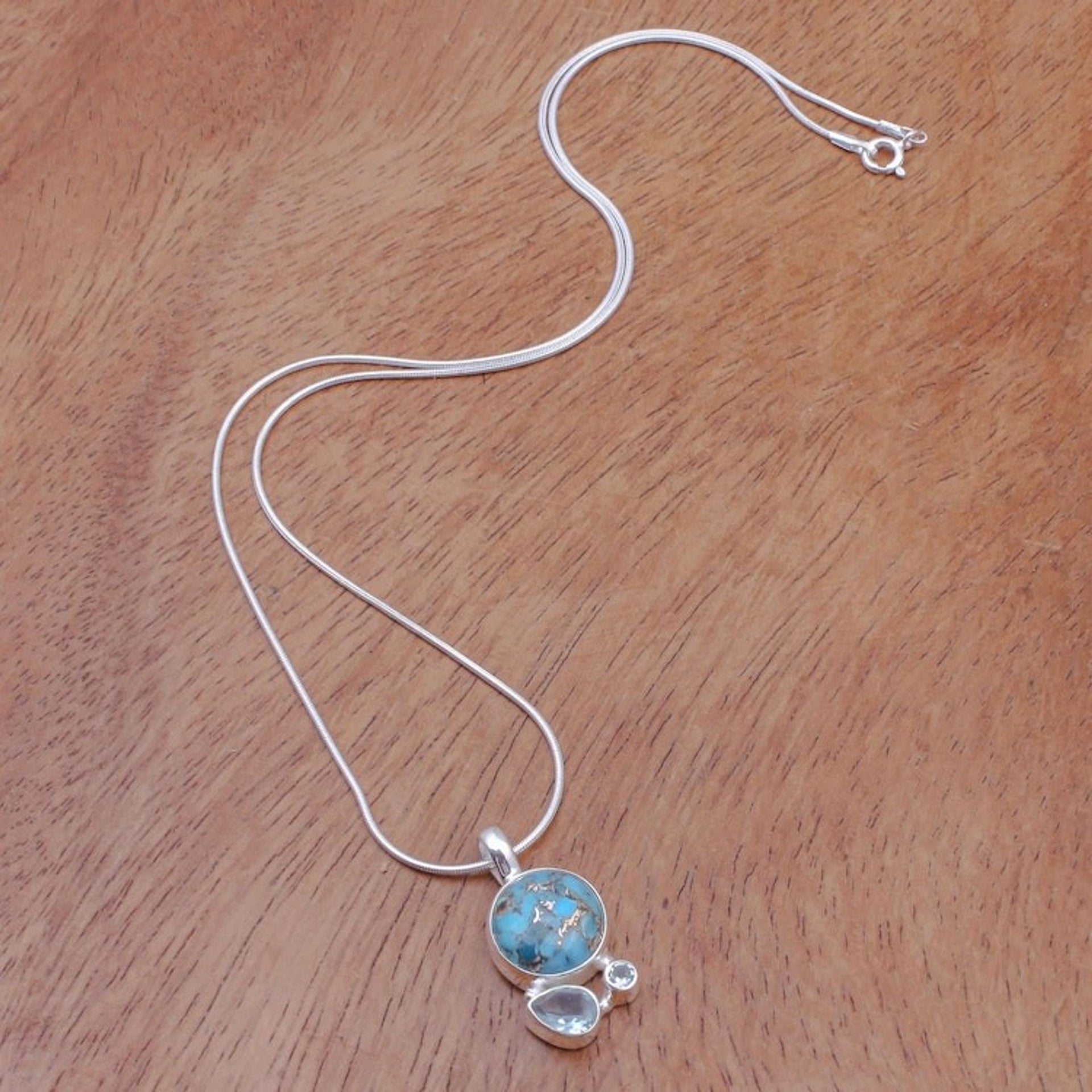 Reconstituted Turquoise and Blue Topaz Pendant Necklace 'Love Orbit in Blue'