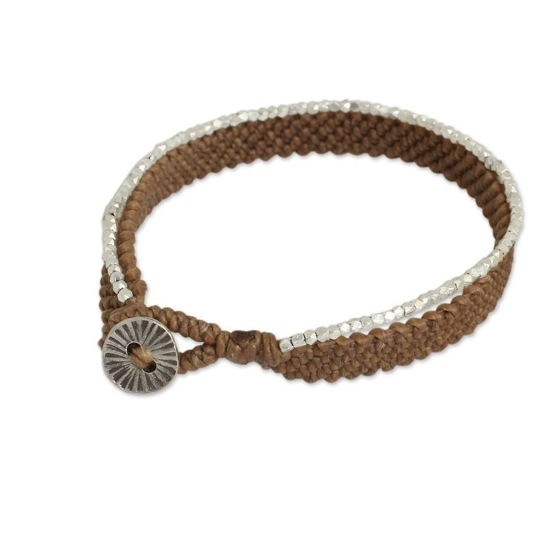 Silver 950 Hill Tribe Beaded Brown Cord Bracelet 'Blithe Brown'