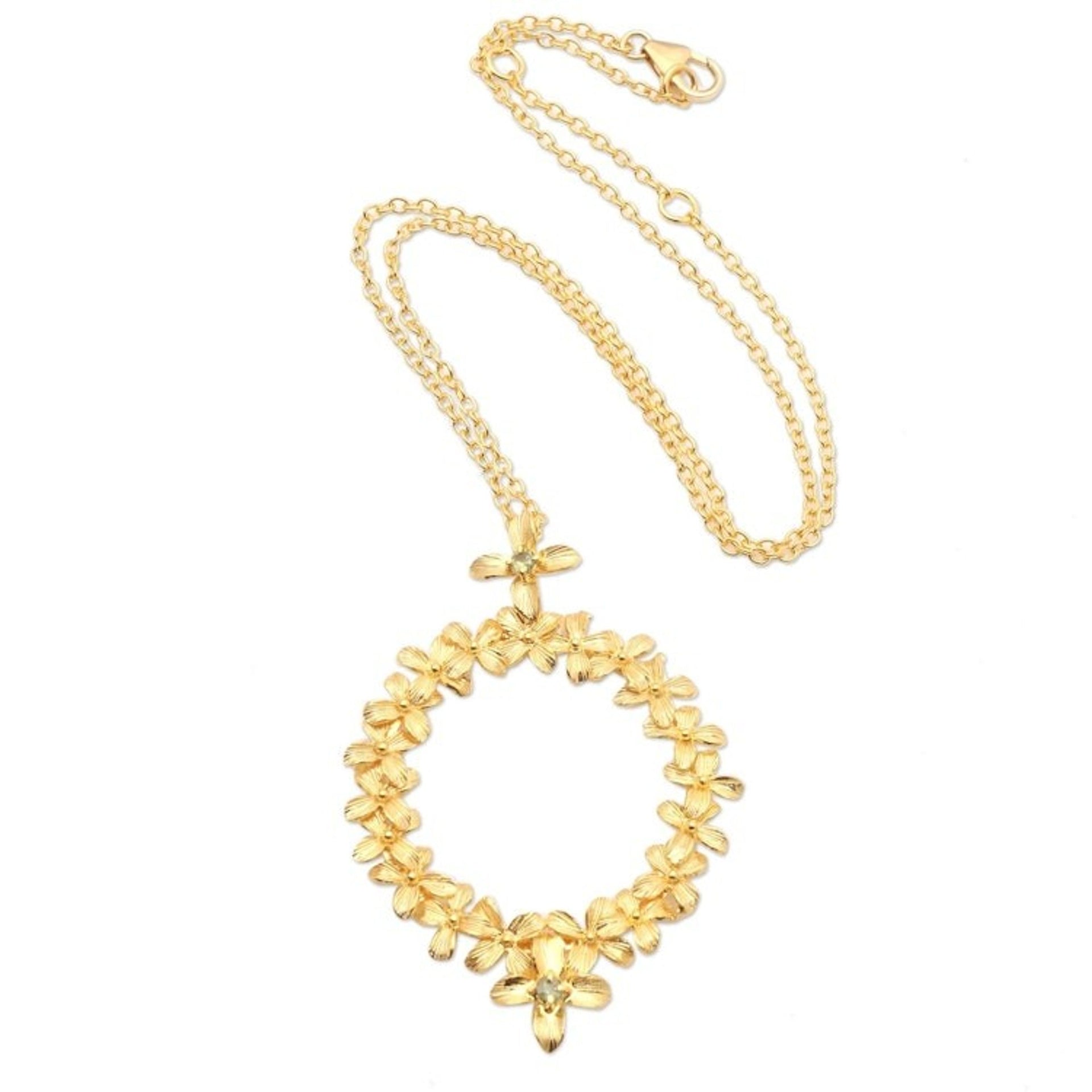 Gold-Plated Peridot Floral-Motif Pendant Necklace 'Wreathed in Flowers'