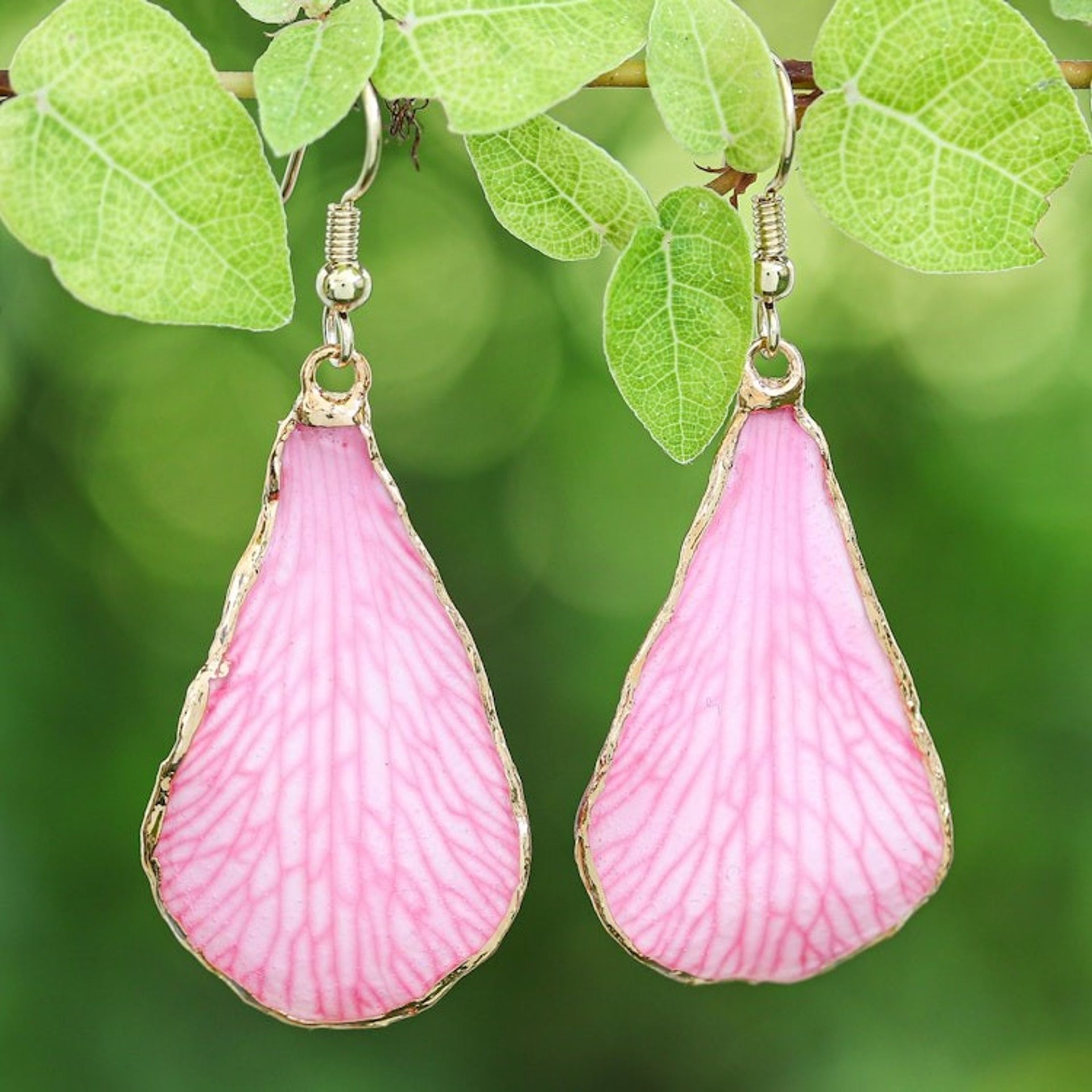 Soft-Pink Petal-Themed 22k Gold-Accented Dangle Earrings 'Dulcet Petal'