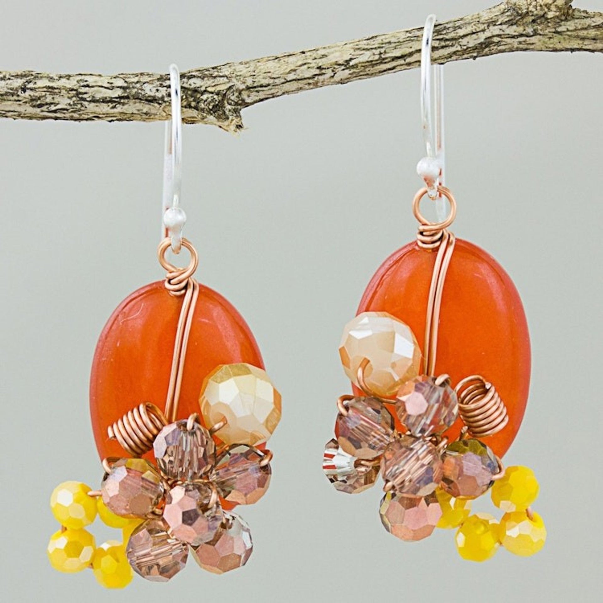 Orange Quartz and Glass Bead Dangle Earrings with Copper 'Garden Bliss in Deep Orange'