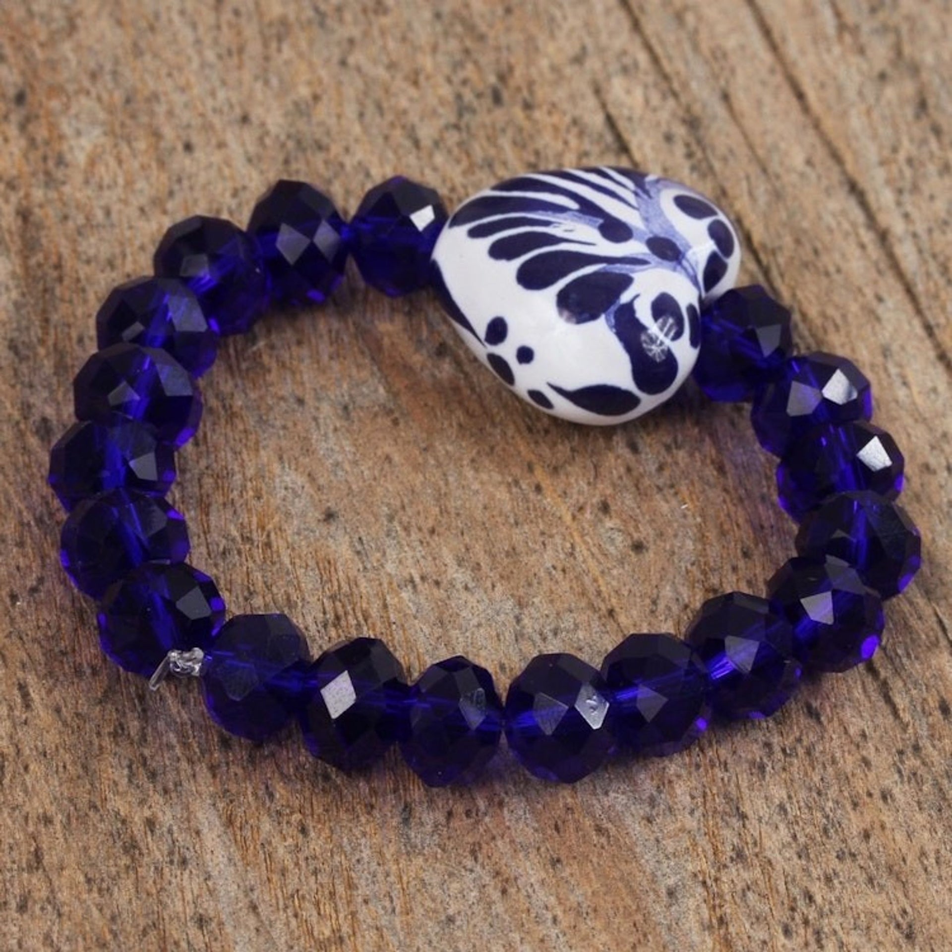 Ceramic and Crystal Heart Beaded Bracelet from Mexico 'Celestial Delight'