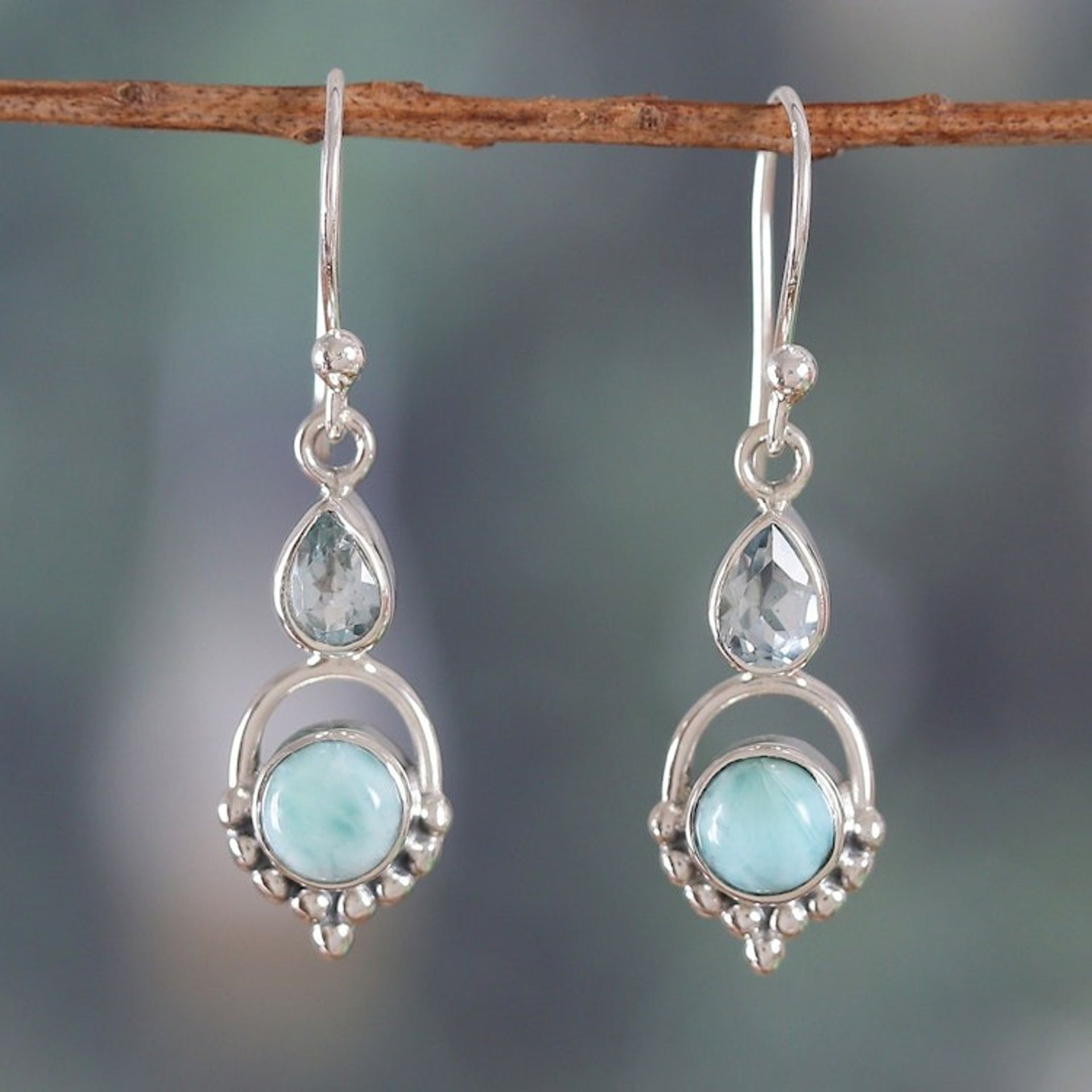 One-Carat Natural Larimar and Blue Topaz Dangle Earrings 'Calming Blue'