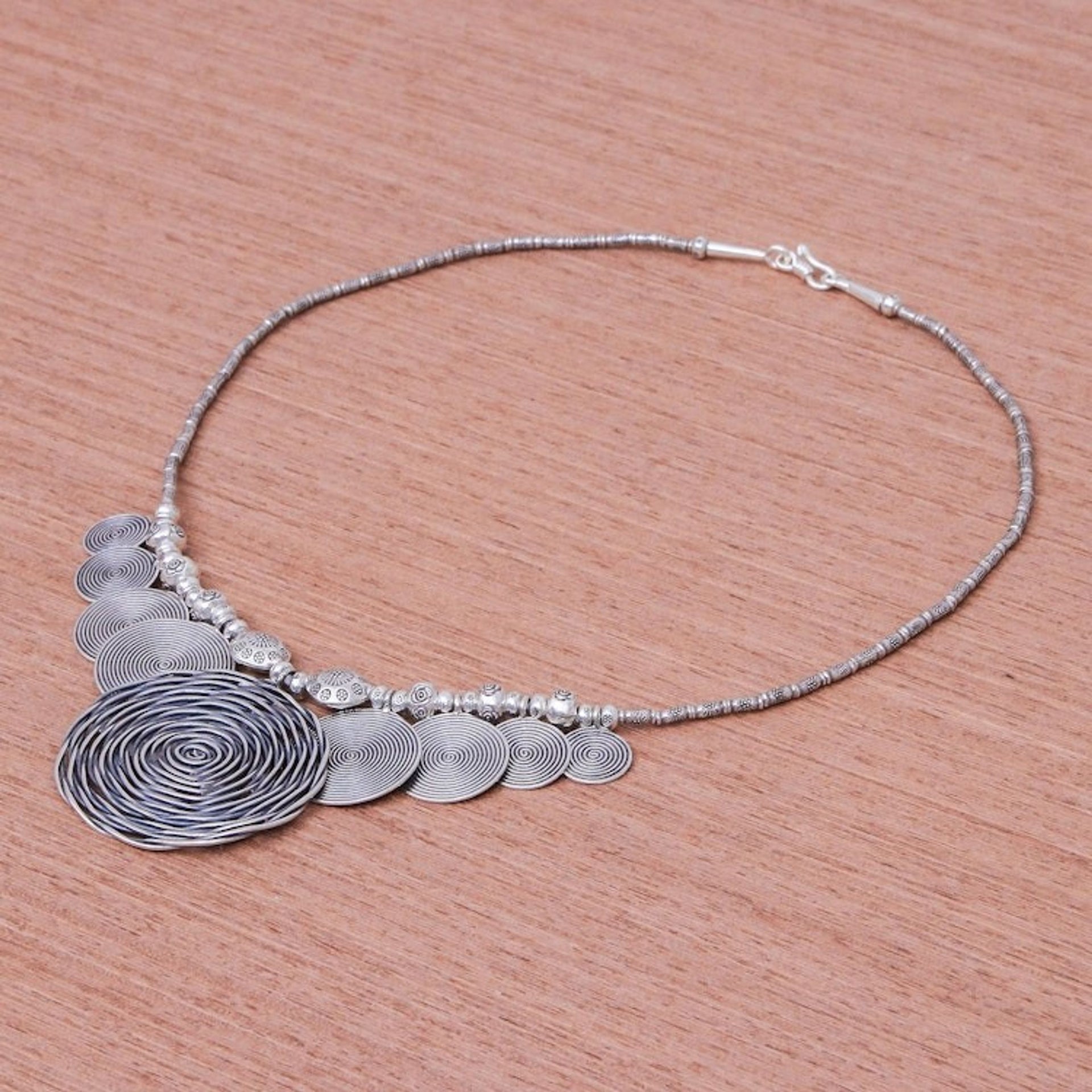 Dramatic Thai Hill Tribe 950 Silver Pendant Necklace 'Mesmerizing Medallion'