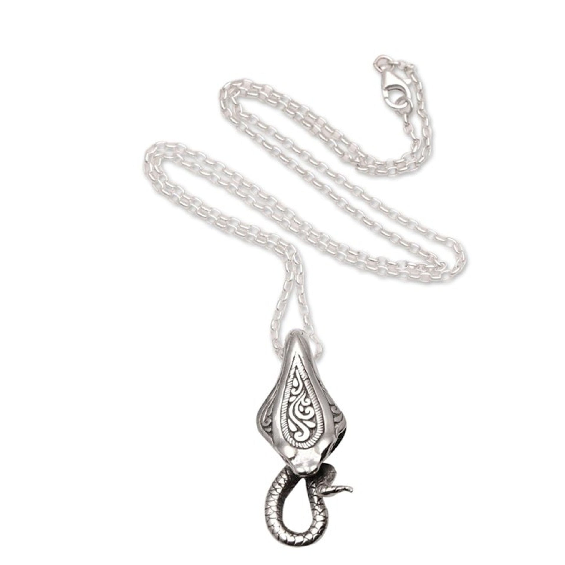 Men's Sterling Silver Cobra Snake Pendant Necklace from Bali 'Mighty Cobra'