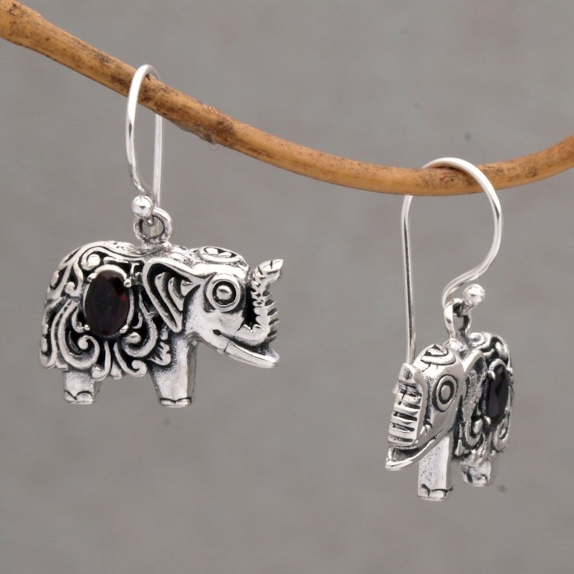 Garnet and Sterling Silver Elephant Dangle Earrings 'Elephant Delight'